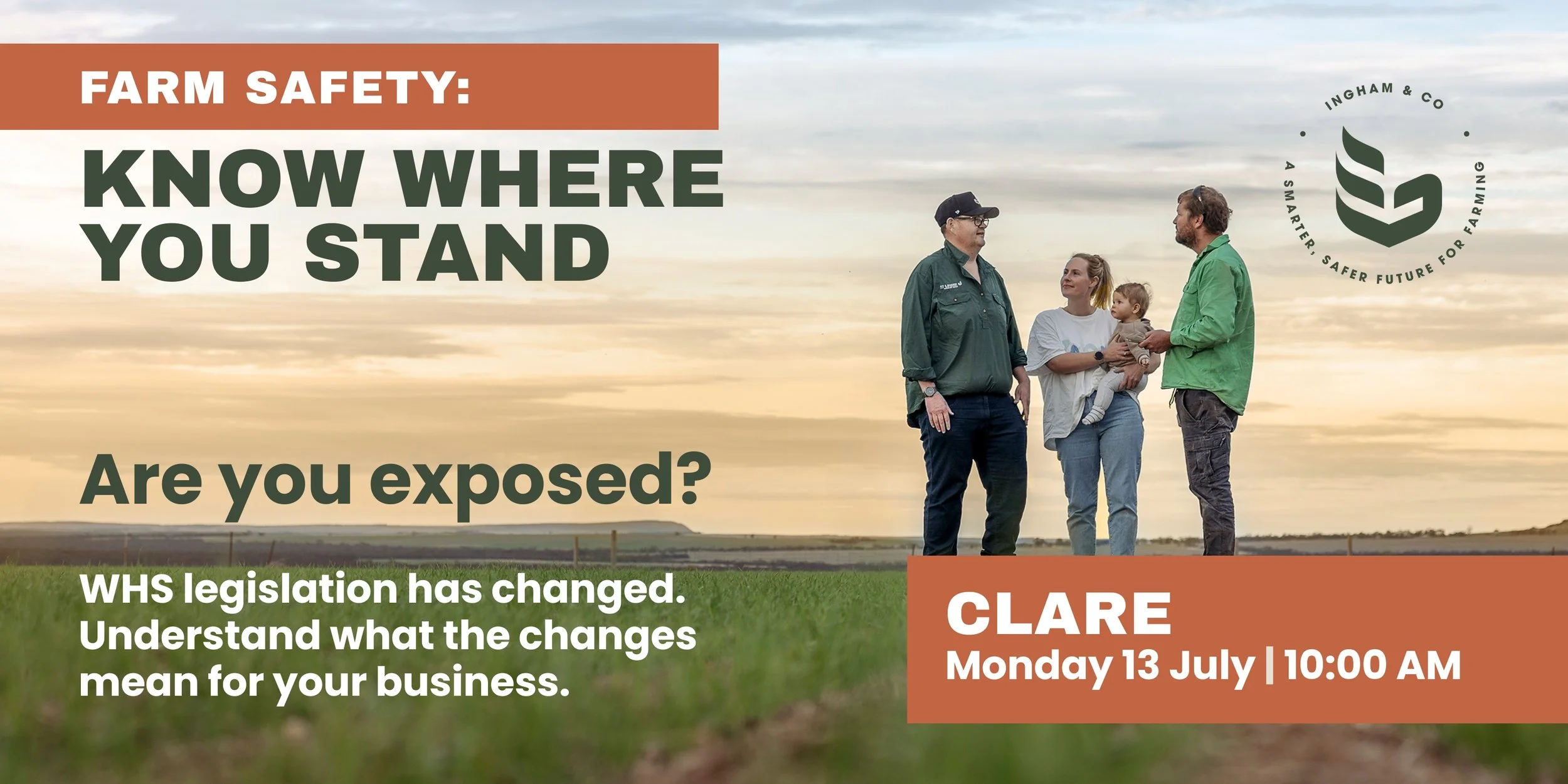 ngham & Co branded event image with agricultural scenery and bold text promoting a practical farm safety session for farm businesses.