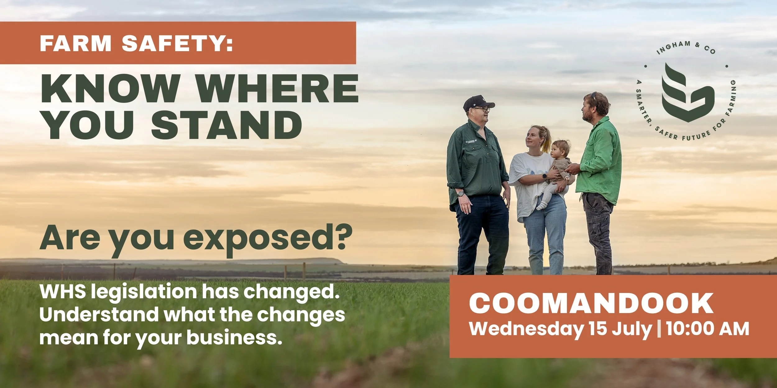 Ingham & Co branded event image with agricultural scenery and bold text promoting a practical farm safety session for farm businesses.