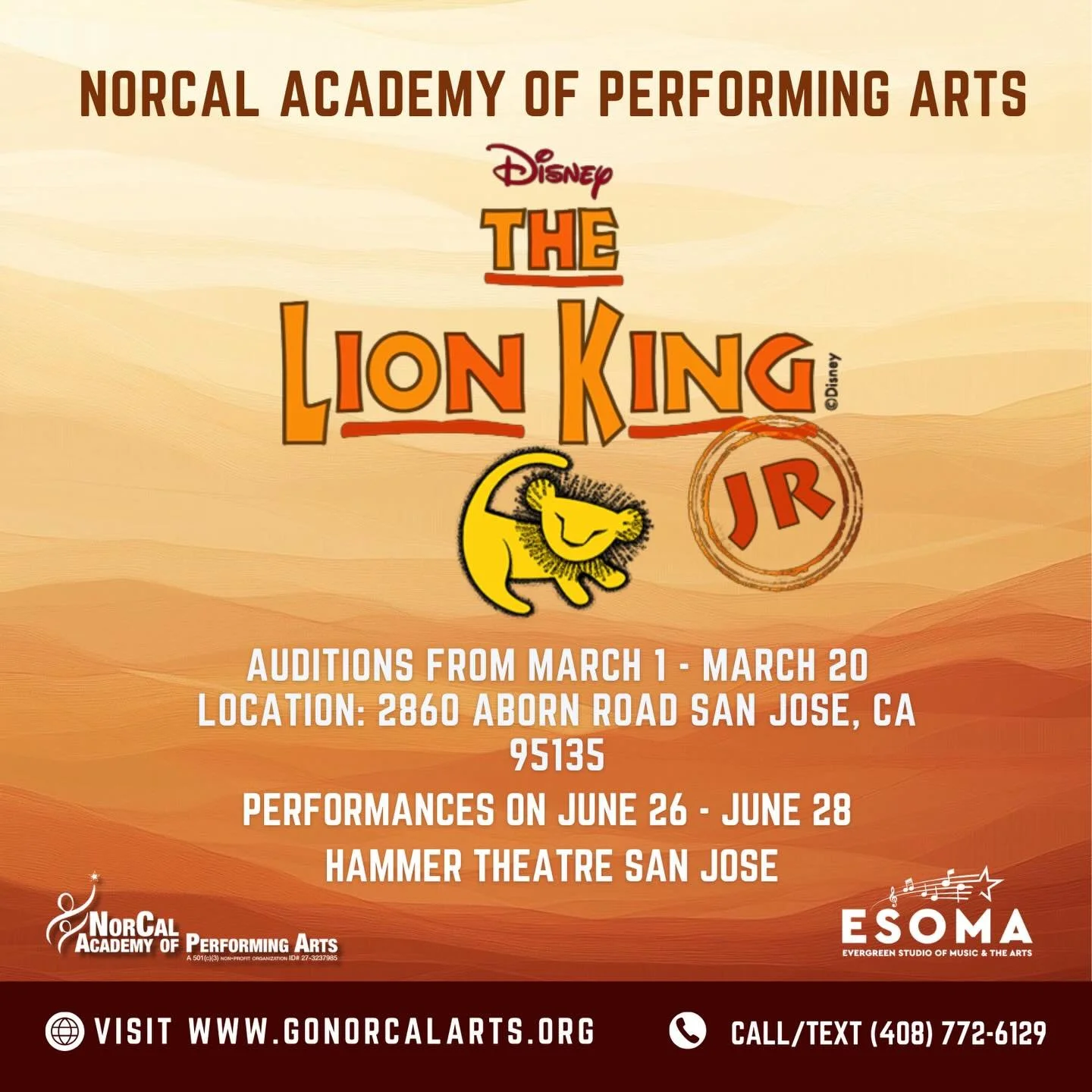 🦁 FINAL CALL FOR THE PRIDE LANDS! 🦁

The sun is setting on auditions! Next week is your LAST CHANCE to join the cast of Disney&rsquo;s The Lion King Jr. at NorCal Academy of Performing Arts. 🌅✨

Don&rsquo;t miss out on the adventure of a lifetime.