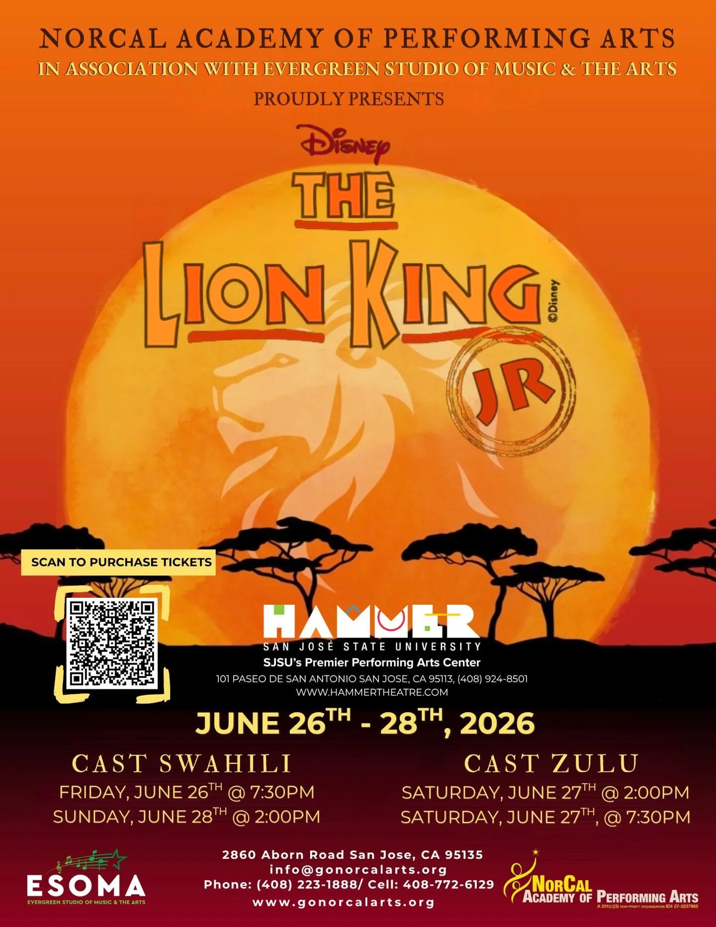 The Pride Lands are calling! 🦁✨Tickets for NorCal Academy of Performing Arts&rsquo; production of Disney&rsquo;s the Lion King Jr. are ON SALE NOW! 🎭🎟️

The savanna is coming to life at the @hammertheatrecenter from June 26th to June 28th! 🌅🐾 Do
