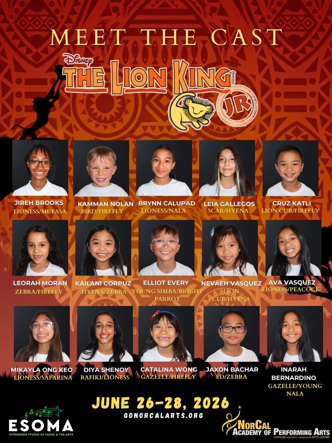🦁 MEET THE PRIDE! 🌅

Get ready to be amazed by the incredible cast of NorCal Academy of Performing Arts&rsquo; The Lion King Jr.! These talented stars are ready to take the stage at the @hammertheatrecenter for an unforgettable weekend of magic and