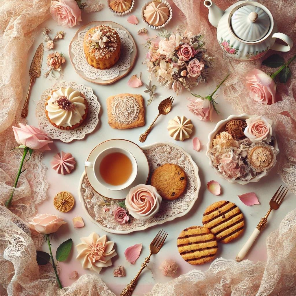 Elegant tea set with floral-themed desserts, including cupcakes, cookies, and meringues, surrounded by pastel roses and lace.