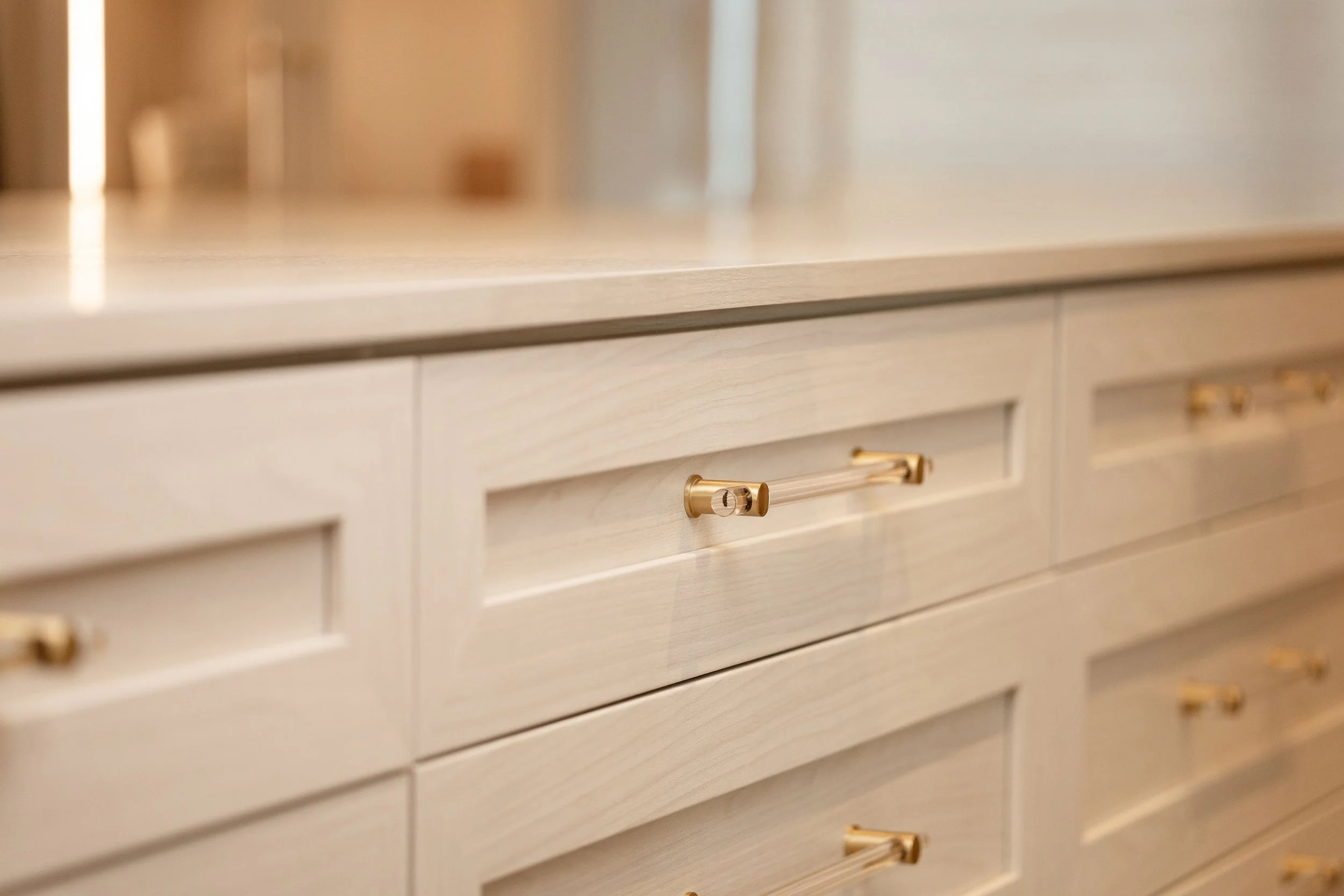 White shaker closet drawers with brass pulls