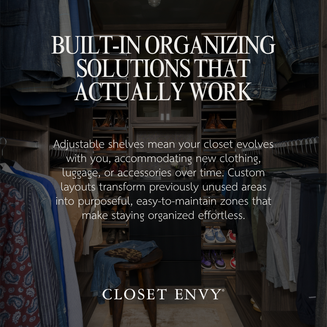 Built-in organizing solutions with adjustable shelving in a custom closet