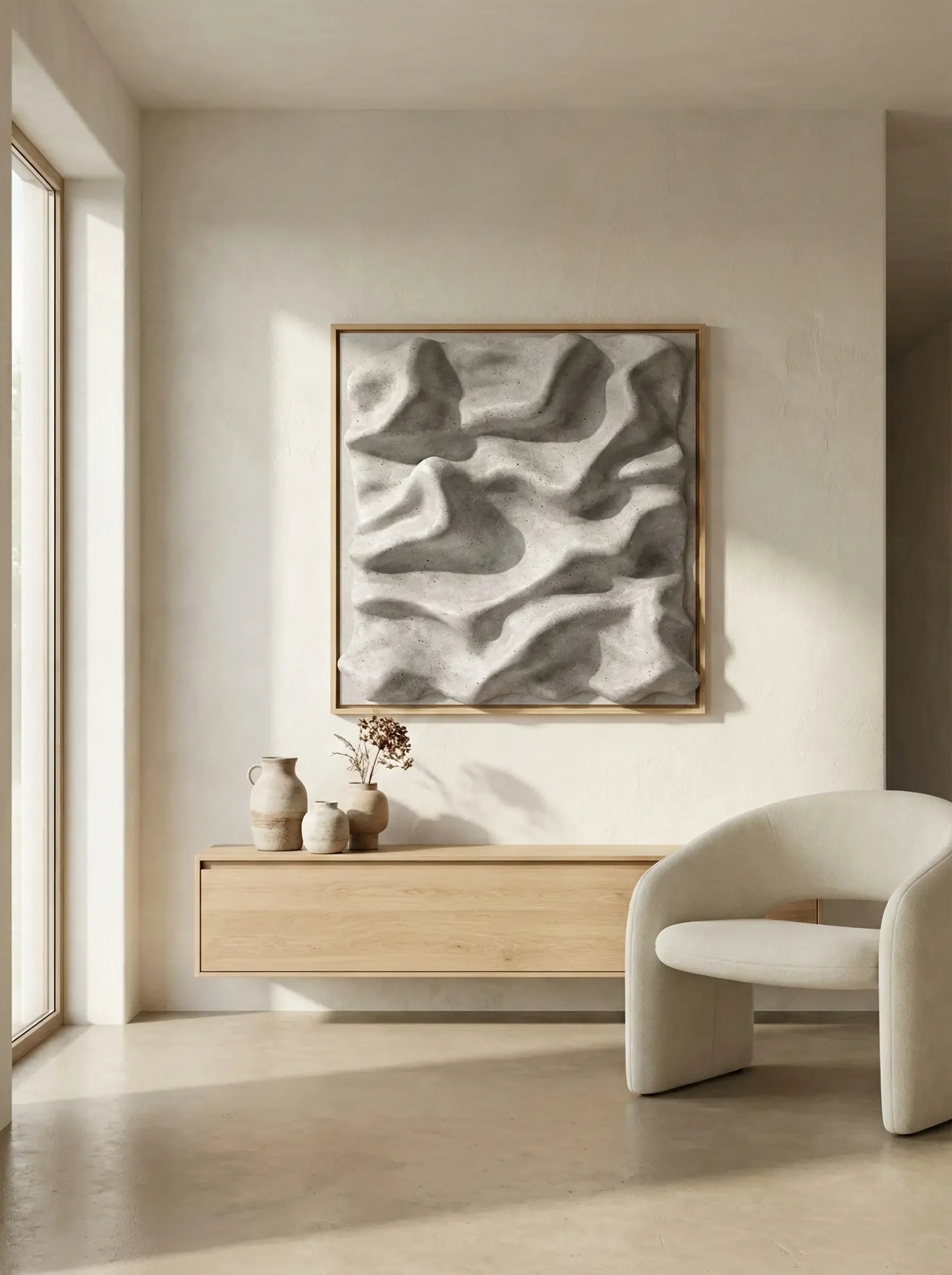 Minimalistický interiér jako moodboard pro prémiový design a atmosféru