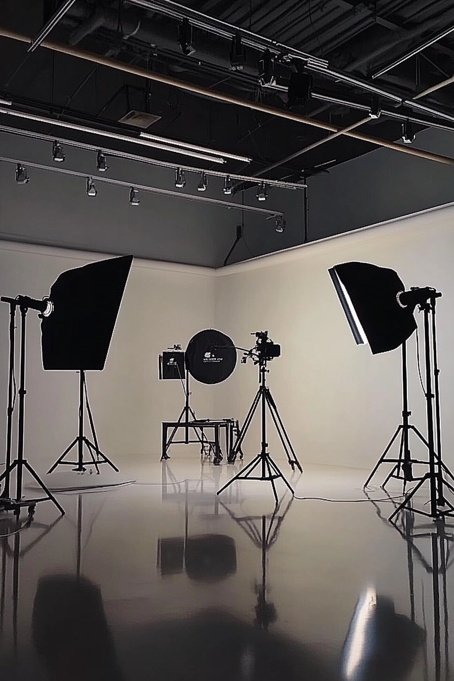 Photography studio with two large softbox lights on tripods, a large black reflector, a camera on a tripod, and other photography equipment set up in a white cyclorama studio.