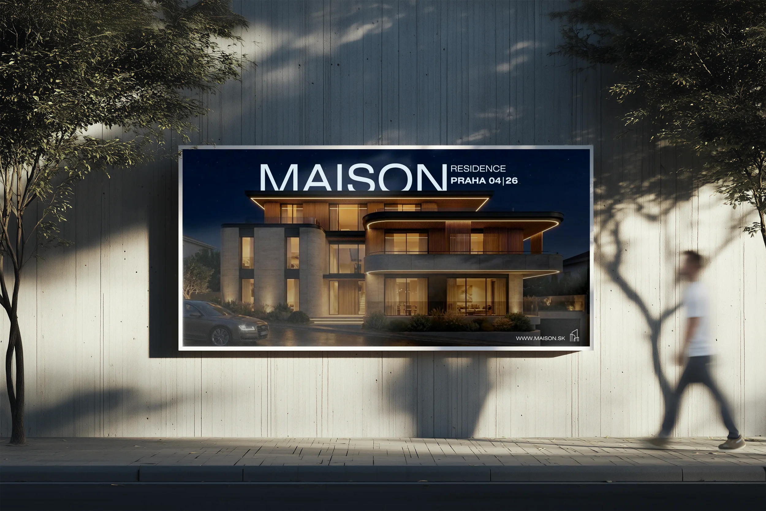 Ukážka dizajnu billboardu pre realitný projekt v prémiovom nočnom vizuále. Kombinácia architektonickej vizualizácie, výraznej typografie a čistého layoutu pre outdoor reklamu a developerský marketing