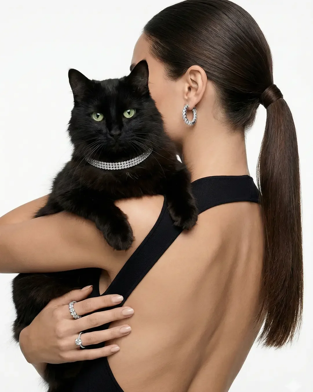 Fashion editorial: modelka drží černou kočku, čistý prémiový vizuál