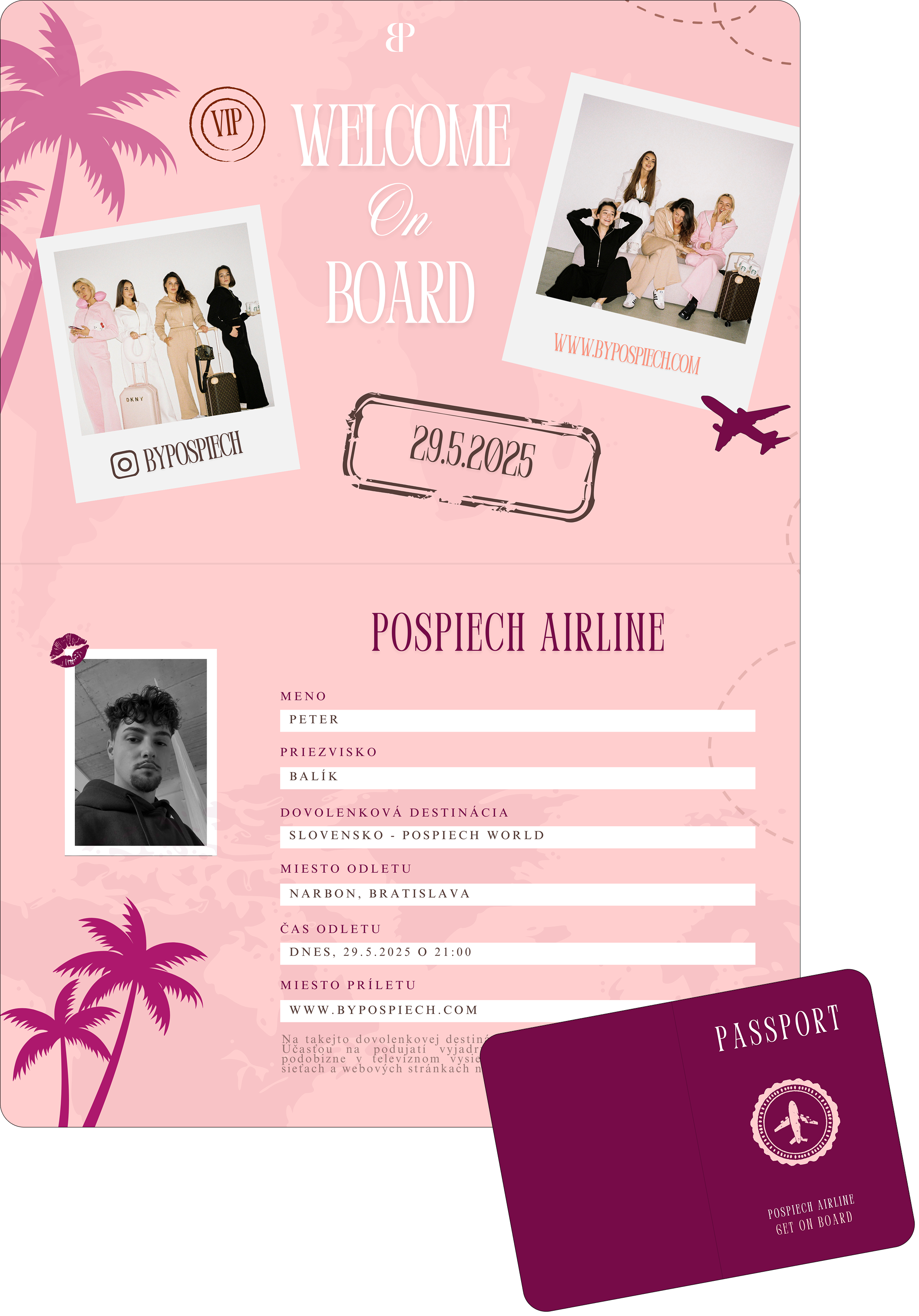 Sociální grafika ve stylu boarding pass – premium mood, růžová paleta, cestovní motiv