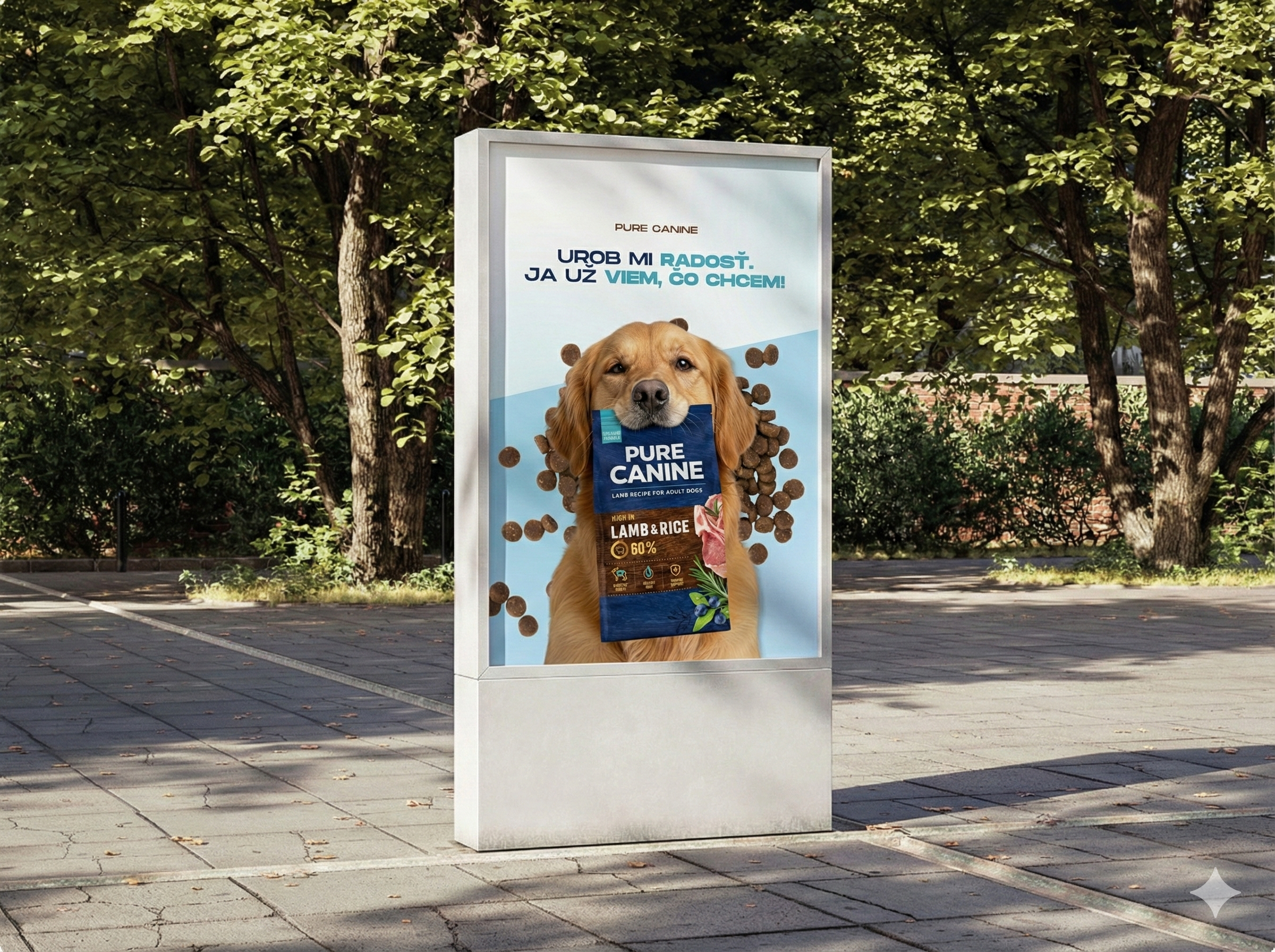 Reklamní citylight/billboard mockup pro krmivo pro psy – pes s obalem granulí, outdoor plakát v městském prostředí, produktová reklama pro pet food značku, čistý komerční vizuál