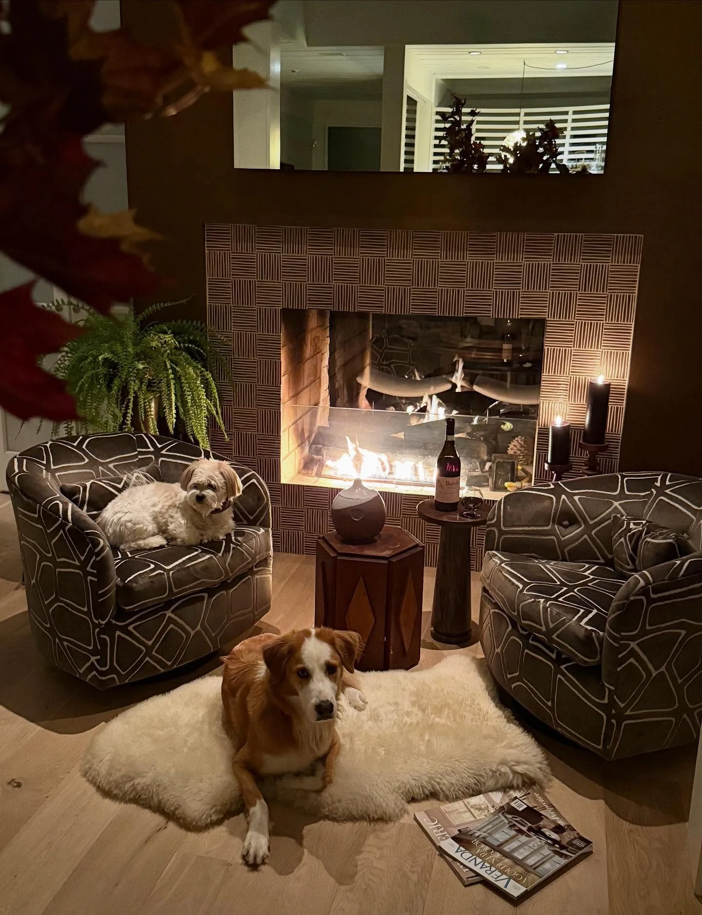 My fav winter spot in my house, by the fire with Pixie and Bowie , a few interior mags and a glass of Barolo!
Doesnt get much better than this on a cold night.

 #kravetfabric 
#vintagechairs 
#antiquetables 
#richtones
#chocolatebrown