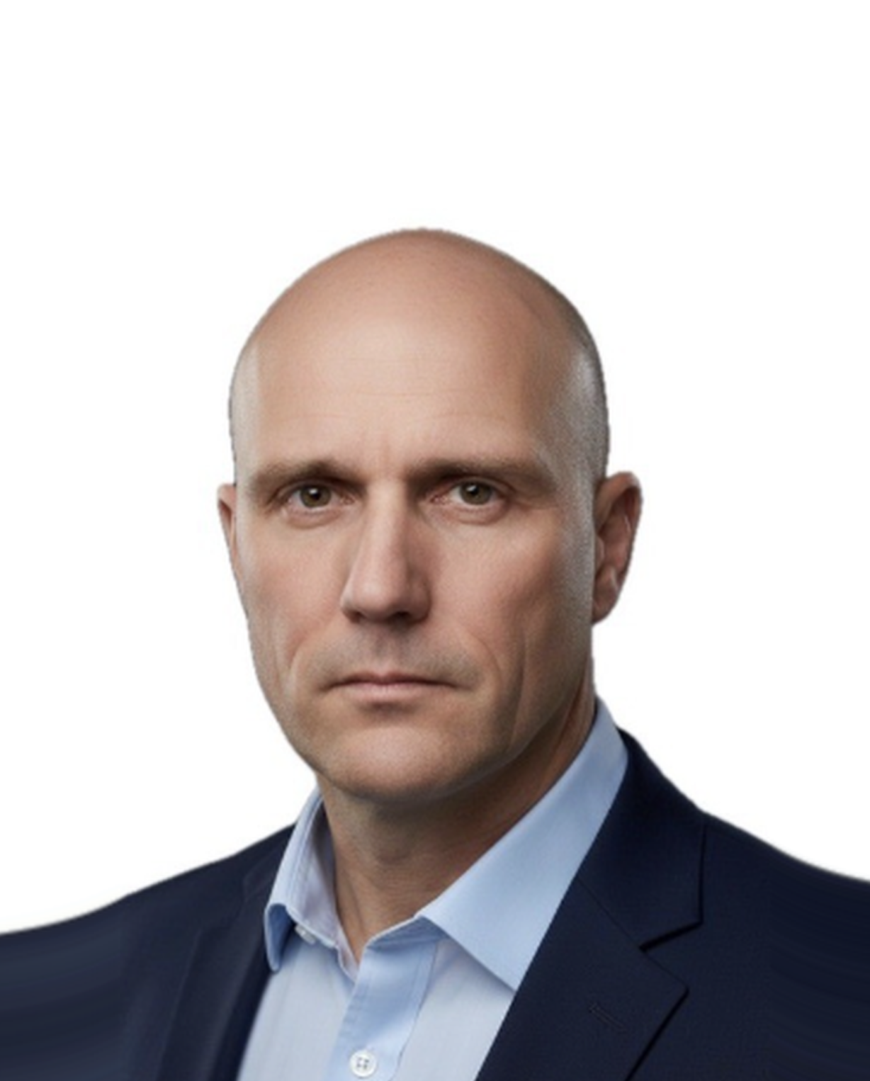 A man with a bald head and light skin wearing a dark blazer and light blue shirt, against a white background.