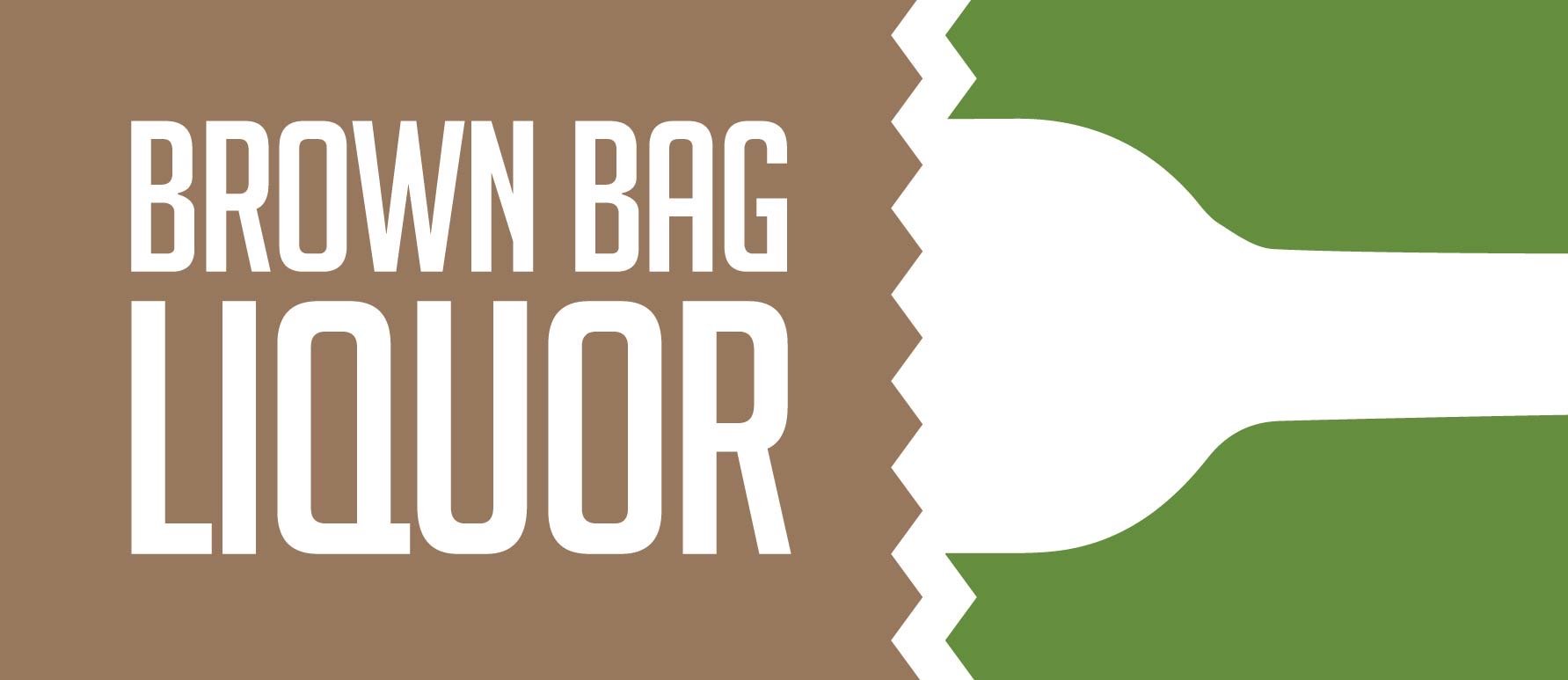 Logo with brown and green colors reading 'Brown Bag Liquor'