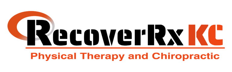 Recover RX KC logo in black and orange with tagline 'Physical Therapy and Chiropractic'.