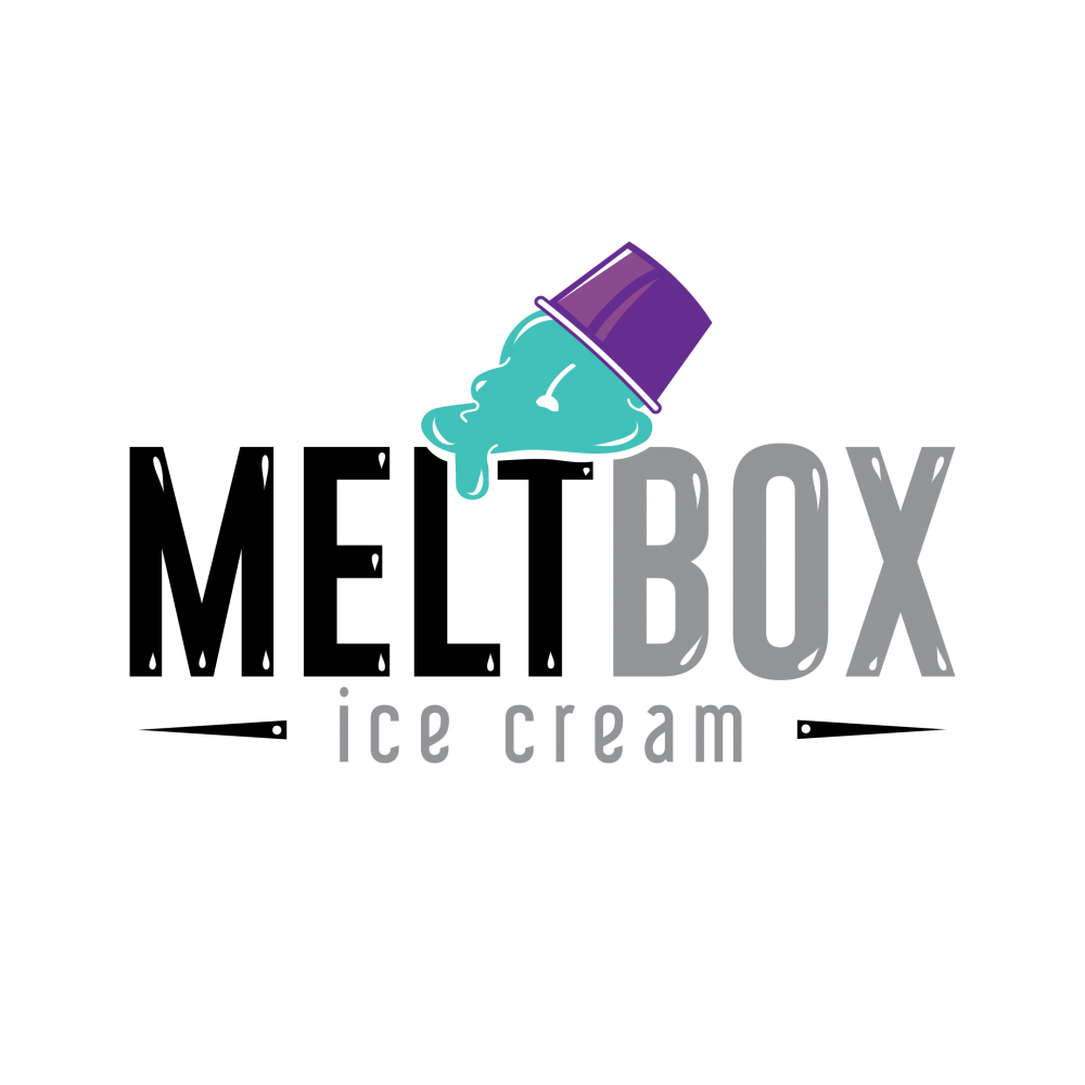 A cartoon ice cream cone with purple and teal colors pouring down a black surface