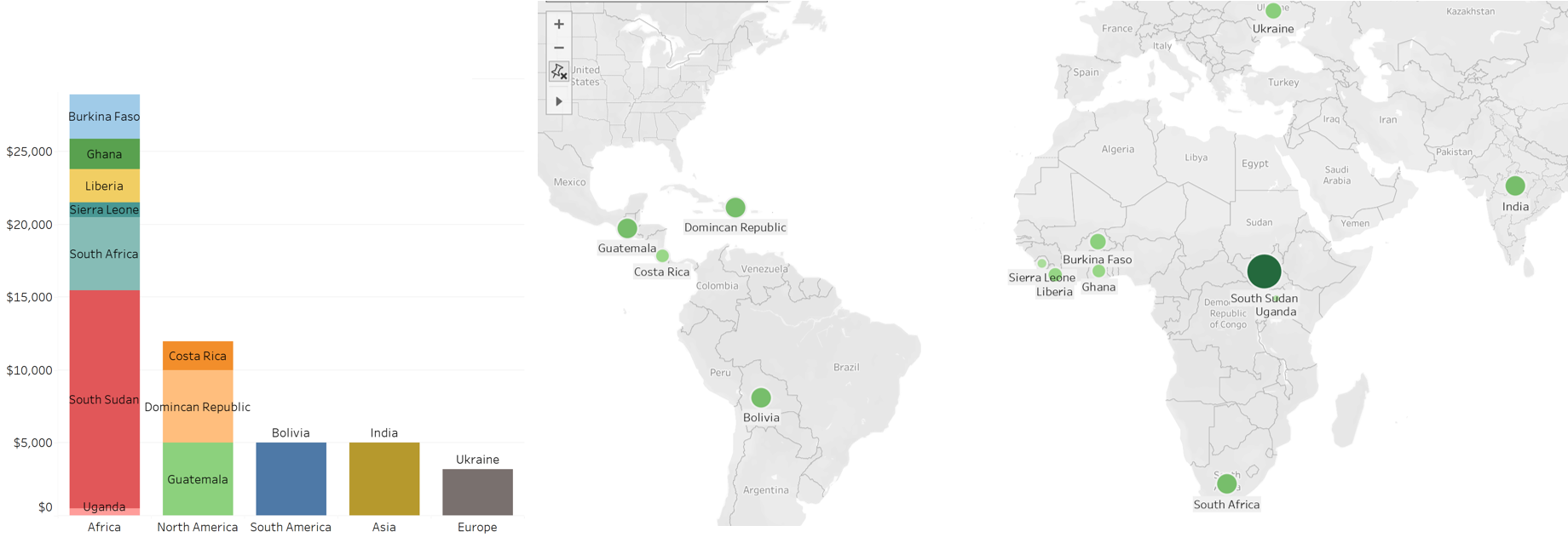 A world map with green circles indicating various countries and a bar chart on the left showing data for different countries and regions, with data labels and color-coded segments.