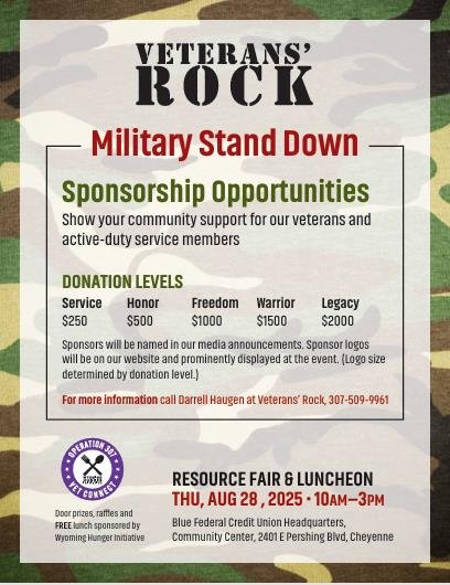 Flyer for Veterans' Rock event featuring Military Stand Down, sponsorship opportunities, donation levels, and resource fair details scheduled for August 28, 2025, in Cheyenne.
