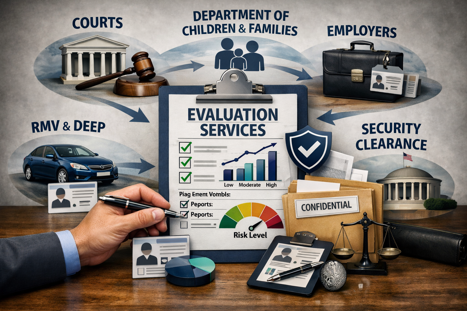 Diagram of evaluation services related to legal and security processes, including courts, department of children and families, employers, security clearance, and RMV & DEEP, with icons of a gavel, a family, a briefcase, a government building, a car, and security scales.