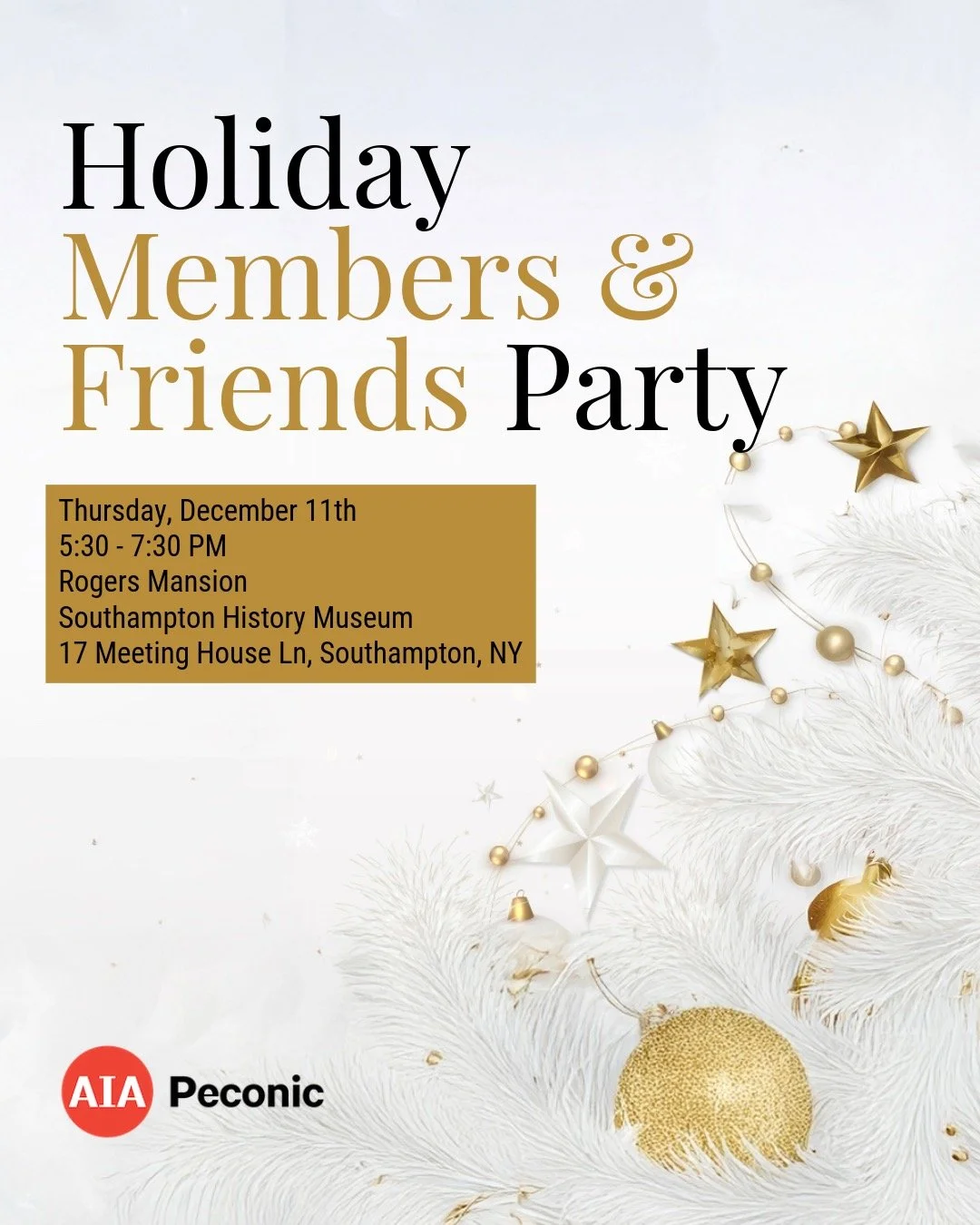 We are excited to bring back a cherished tradition: the annual holiday party! Celebrate the joy of the holiday season with fellow AIA Peconic Members and Friends while enjoying catered nibbles and local wines.

$15 General Admission 

This event is m