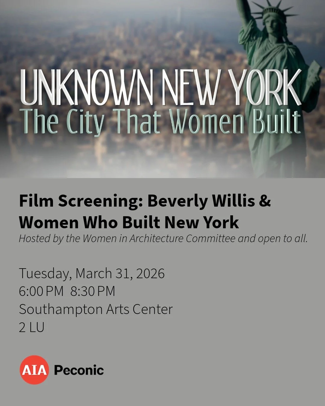 HAPPENING TOMORROW: March 31. 

Join us at the Southampton Arts Center for a special screening celebrating Women&rsquo;s History Month and the powerful contributions of women to the built environment. This program marks the fourth annual film event p
