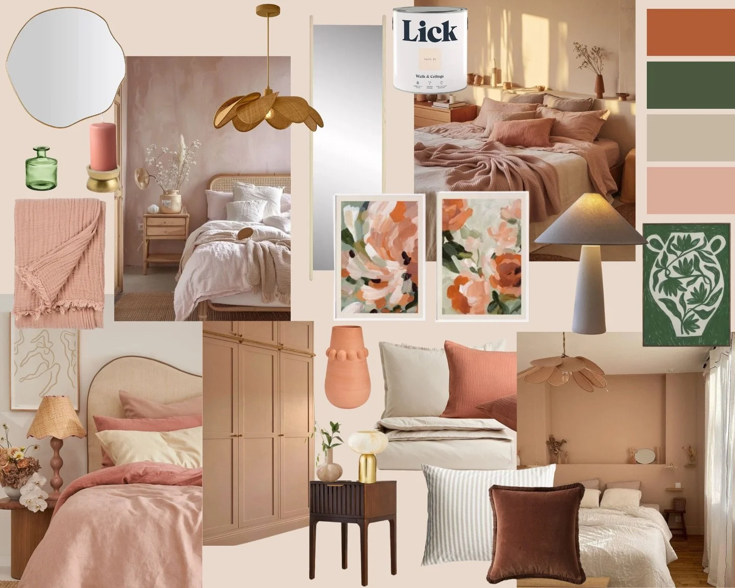 When Jess asked for a boho bedroom using shades of pink and green, I was immediately inspired to use various shades of plaster pink and brown, layered textures and lots of pillows, and large statement artwork to bring all the colours together. This r