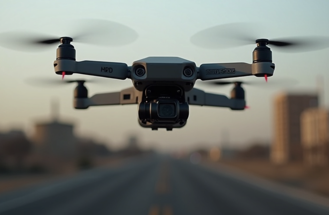 A drone flying low over an empty city street during sunset