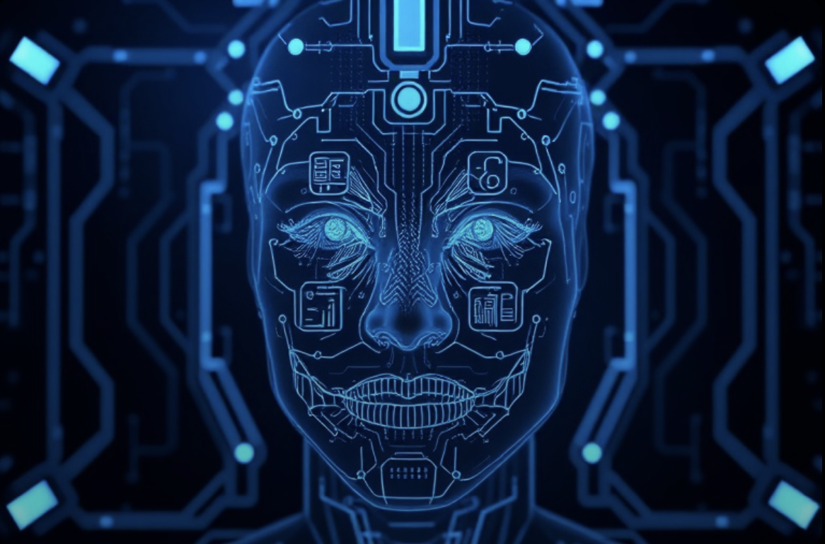 Futuristic digital face of a female with glowing eyes, composed of circuit-like lines and digital interface elements, set against a dark high-tech background.