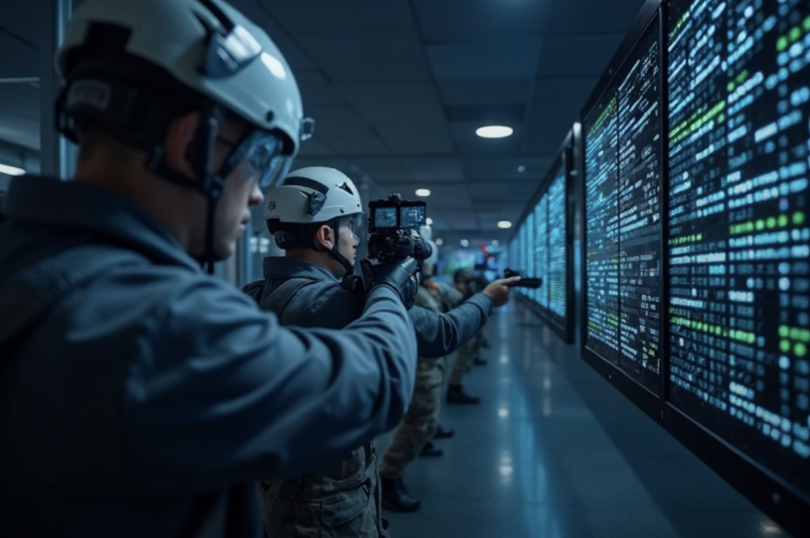 Military personnel wearing helmets and tactical gear in front of multiple large screens displaying data and code, in a control room or operations center.