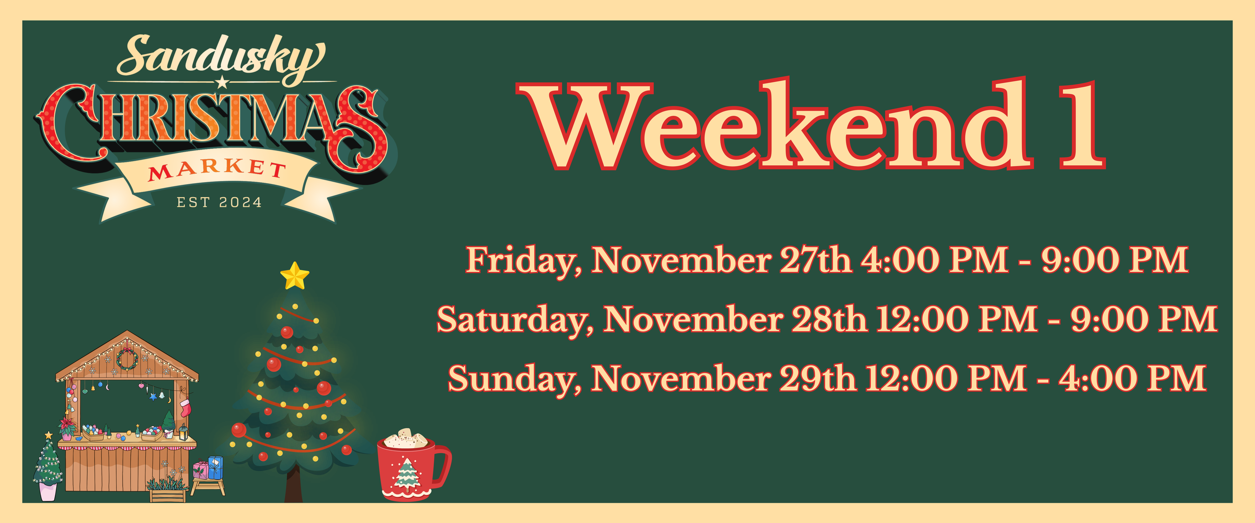 Christmas market event poster with dates and times, festive decorations including a Christmas tree and a holiday-themed coffee mug.