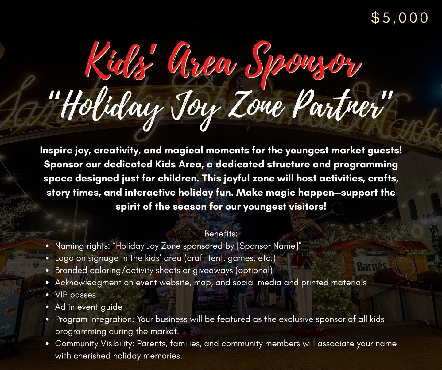 ✨ Help us keep the magic alive at the Sandusky Christmas Market! 🎄
Our Kids’ Area Sponsorship is still open, along with several Vendor Booth Sponsorships and other festive options — Corporate, Community, and Friend of Sandusky. 🎅
💙 Y