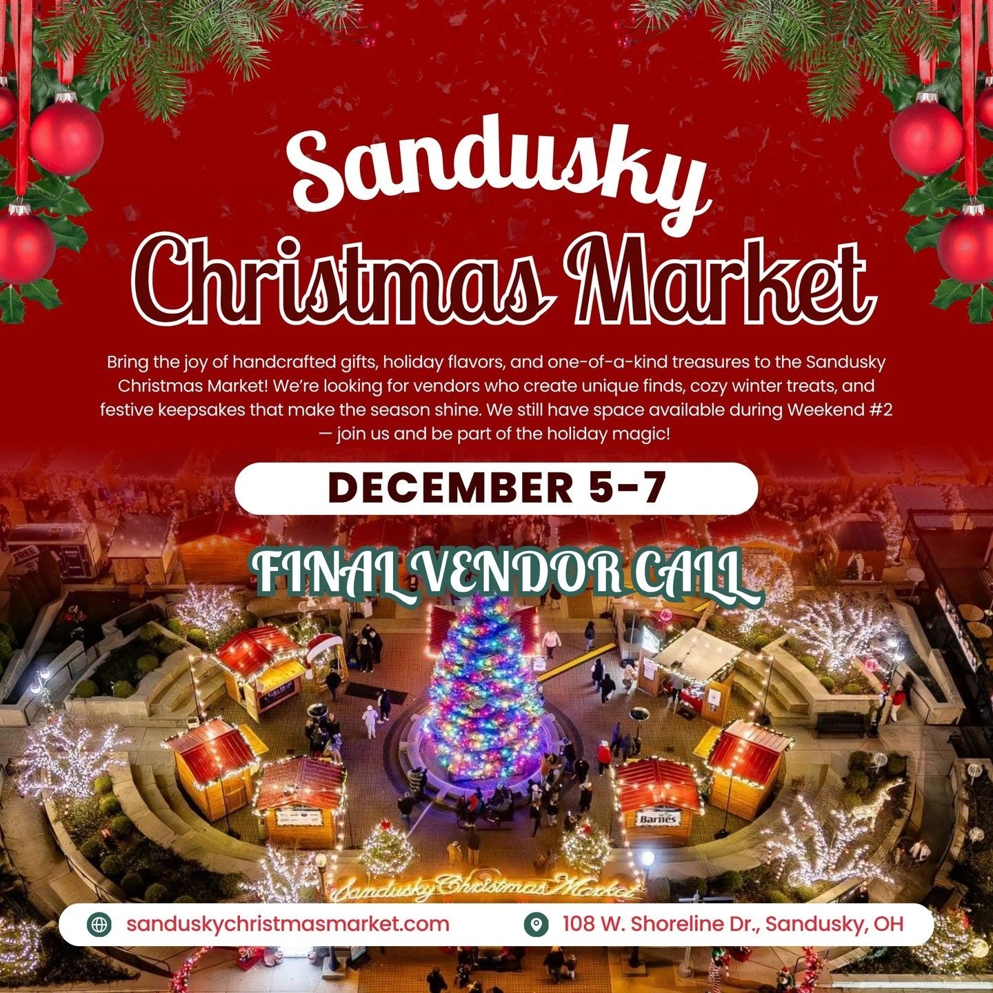 🎁✨ FINAL VENDOR CALL! 🎄

Bring the joy of handcrafted gifts, holiday flavors, and one-of-a-kind treasures to the Sandusky Christmas Market! 🎅 We&rsquo;re looking for vendors who create unique finds, cozy winter treats, seasonal d&eacute;cor, candl