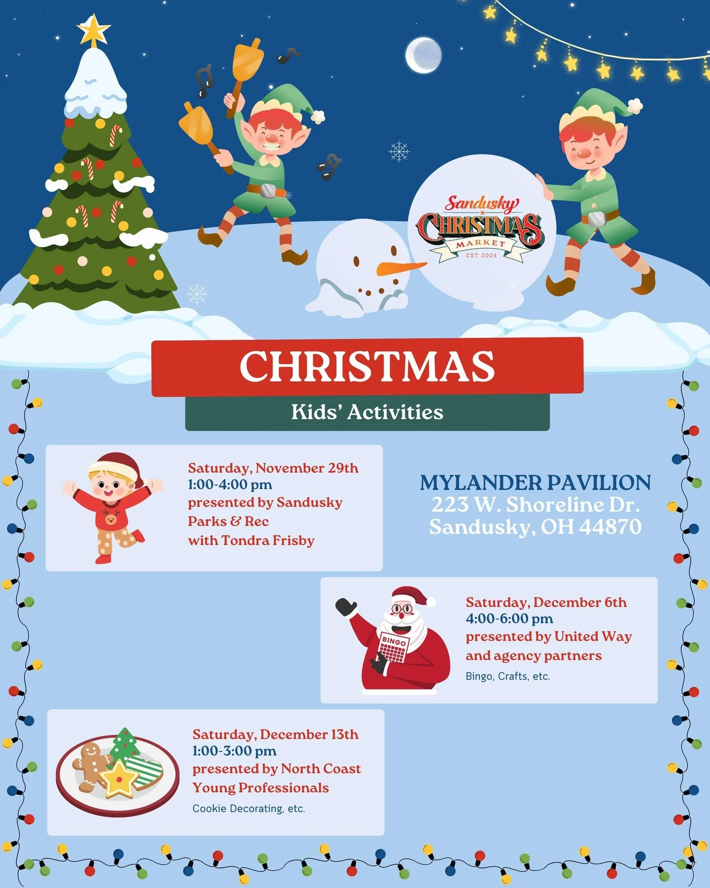 🎨❄️ Join us TODAY for an afternoon packed with Kids' Activities, holiday fun, creativity, and Christmas cheer! ✨

🗓️ Saturday, December 6th
🕰️ 4:00&ndash;6:00 PM
📍 Mylander Pavilion, 223 W. Shoreline Dr., Sandusky, OH 44870 

This weekend&rsquo;s