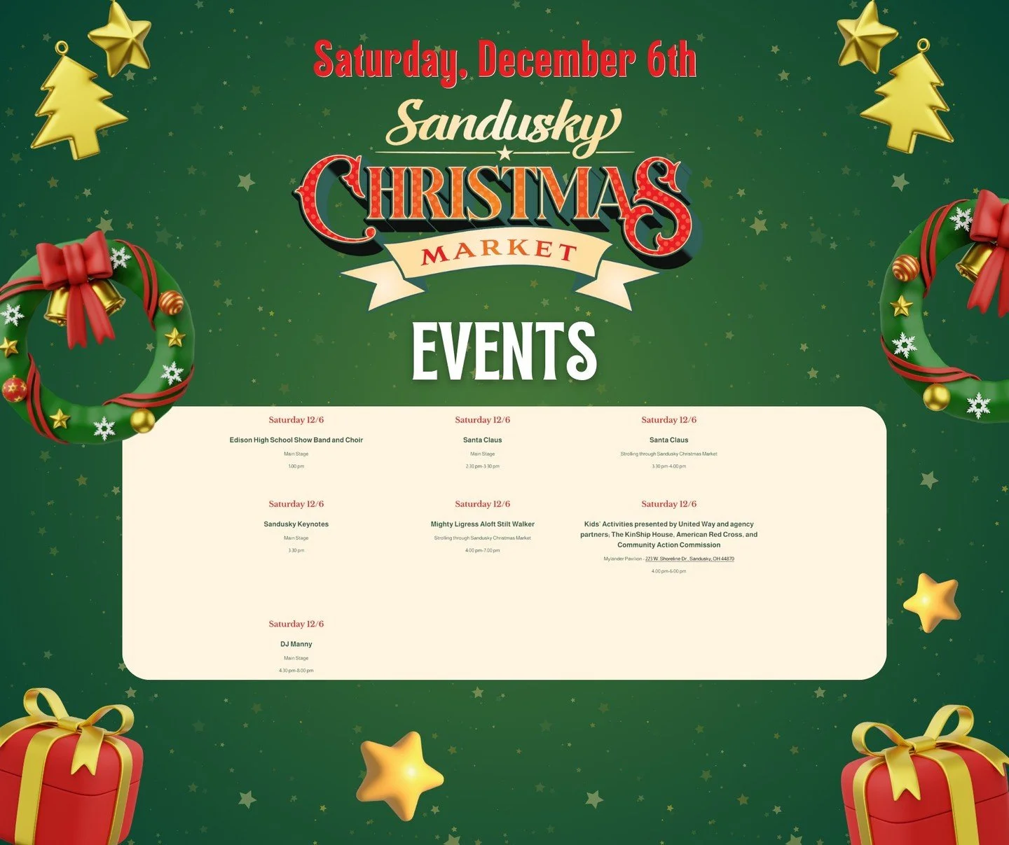 🎄✨ The Sandusky Christmas Market is open today from 12:00&ndash;8:00 PM, and we&rsquo;ve got a FULL day of magical holiday entertainment waiting for you in Downtown Sandusky! ❄️❤️💚

✨ Happening today:
🎶 1:00 PM &mdash; Edison High School Show Band