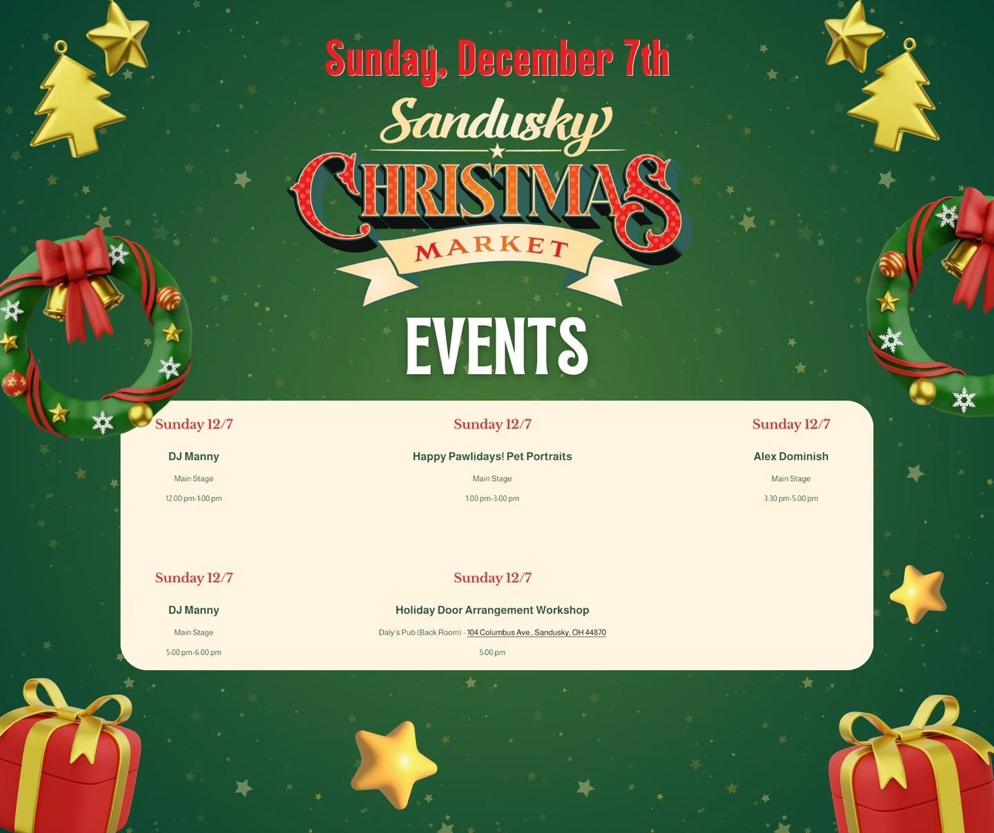 Last chance to experience the Sandusky Christmas Market this weekend! 🛍️

We&rsquo;re open today from 12:00&ndash;6:00 PM, and we&rsquo;ve packed the day with festive entertainment, special moments, and holiday magic you won&rsquo;t want to miss! 💚