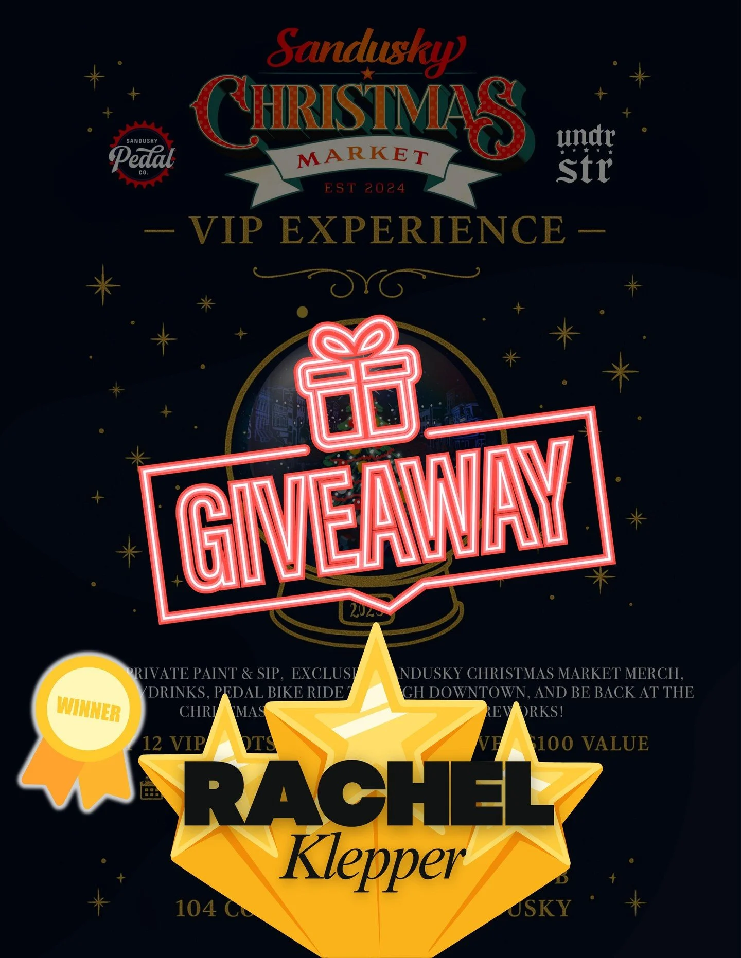 🎄✨ WE HAVE A WINNER! ✨🎄

Please help us congratulate Rachel Klepper, the lucky winner of 2 FREE tickets to the Sandusky Christmas Market VIP Experience! 🎉🥳🎁

Rachel &mdash; get ready for a magical, cozy, exclusive evening filled with:
🎨 A festi