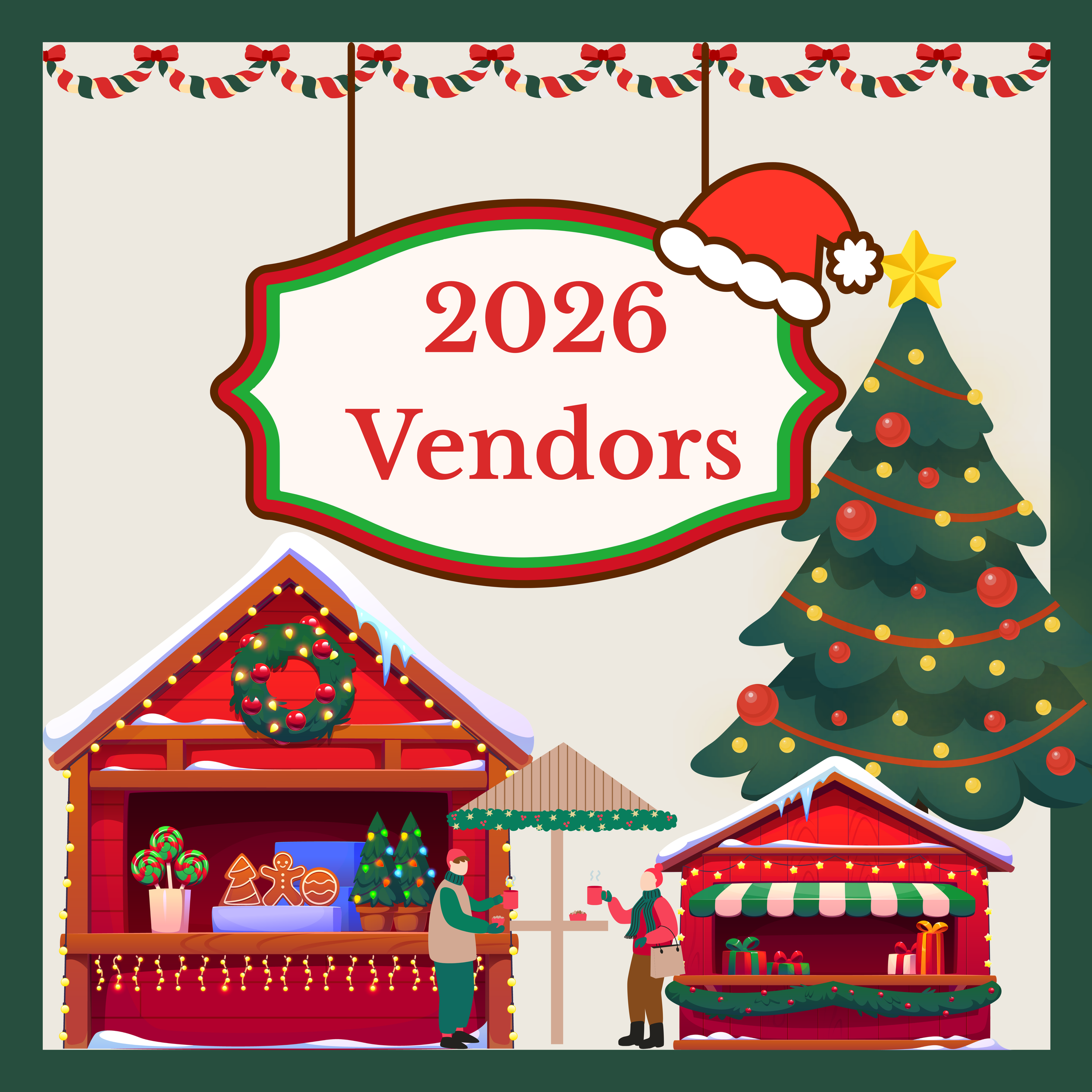 Festive Christmas scene featuring holiday decorations and smiling people at a winter market. Includes Christmas trees, ornaments, and gift stalls.