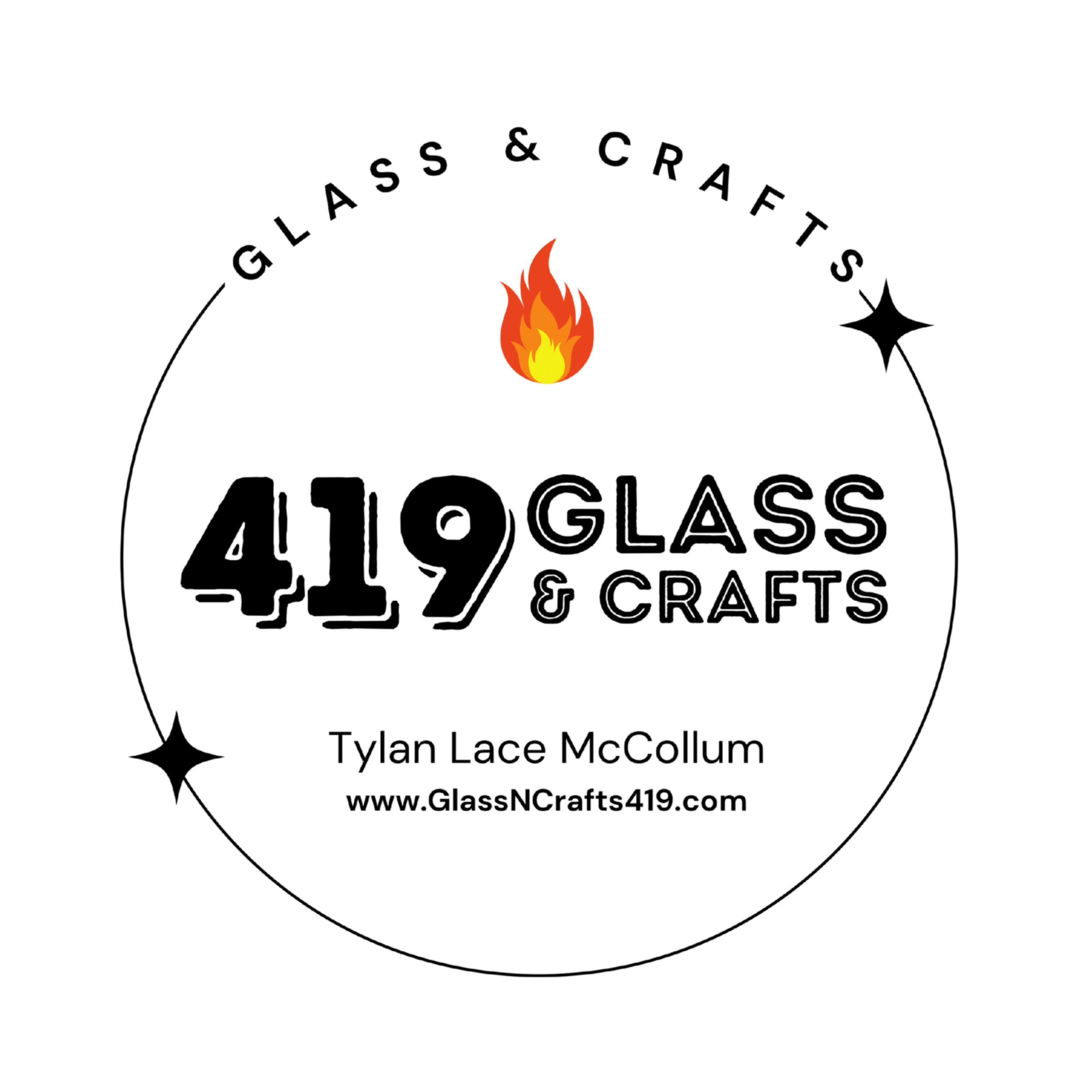 A black circular logo with the words "Glass & Crafts" and "Shop" in a curved pattern, a flame icon in the center, and a silhouette of a camera and star on either side, along with the name Tylen Lace McCollum and the website www.GlassNCrafts419.com.