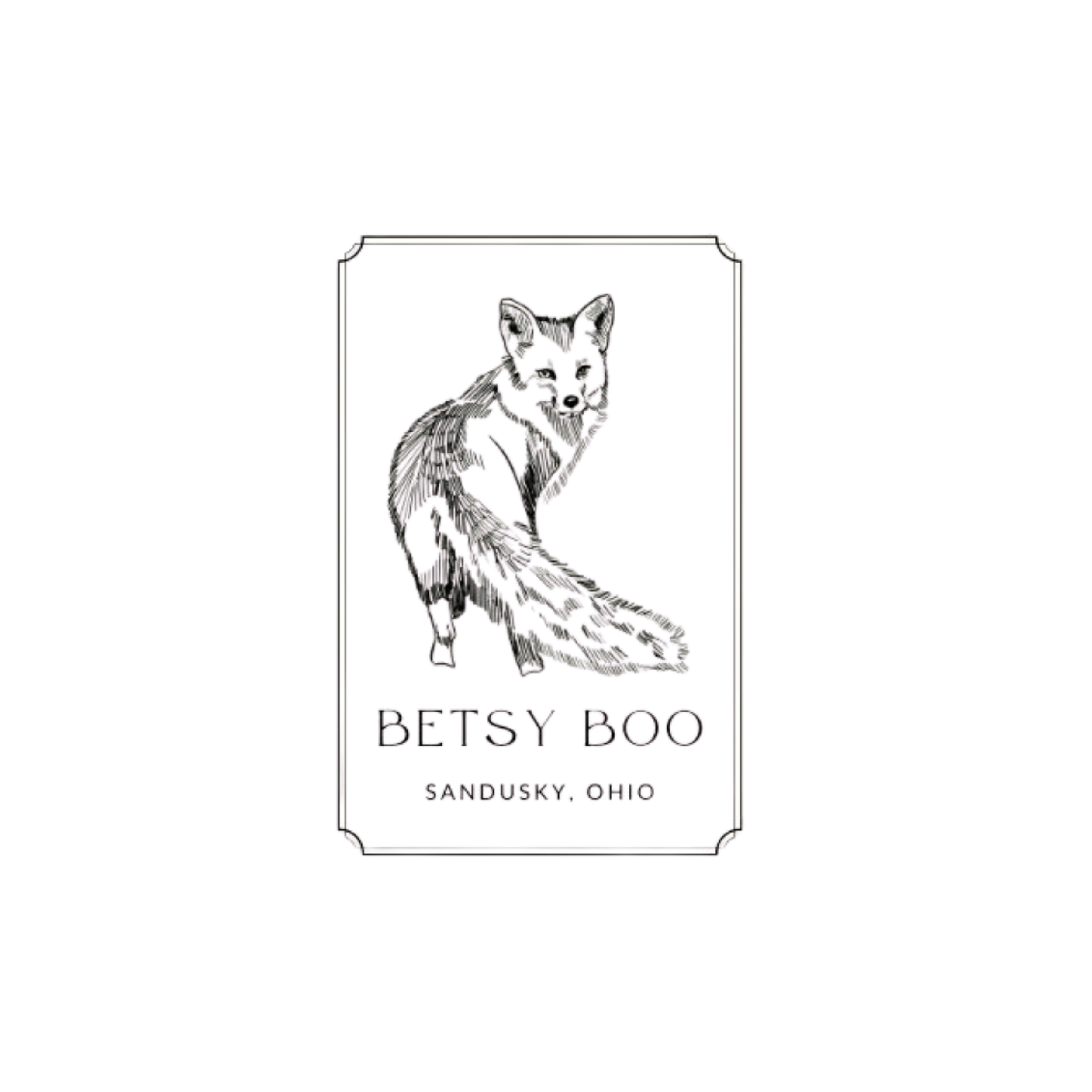 A logo for 'Betsy Boo Sandusky, Ohio' featuring a detailed illustration of a wolf standing on a rocky terrain.