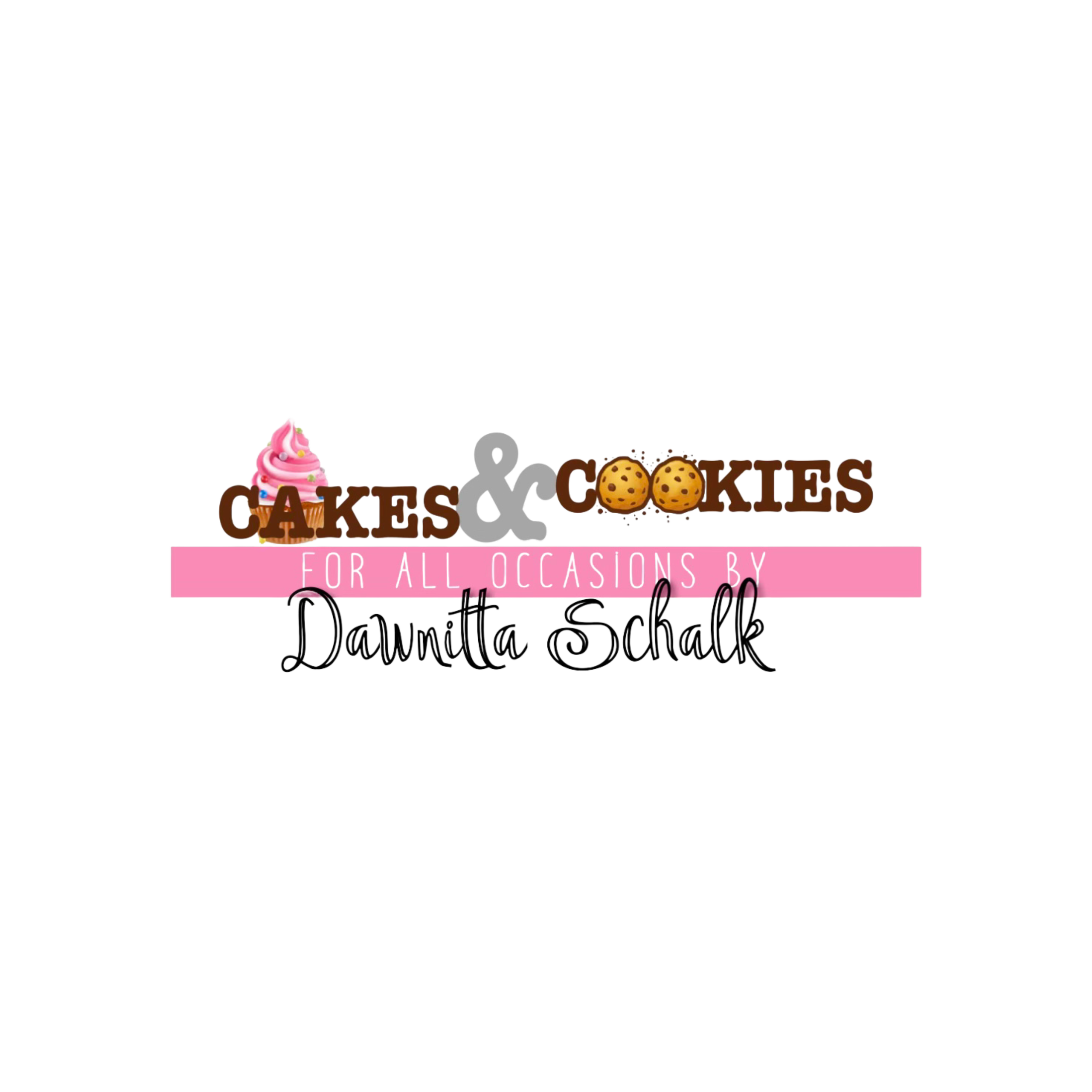 Decorative sign for a bakery featuring pink cupcake with sprinkles and cookies, with text about cakes and cookies for all occasions by Davita Schalk.