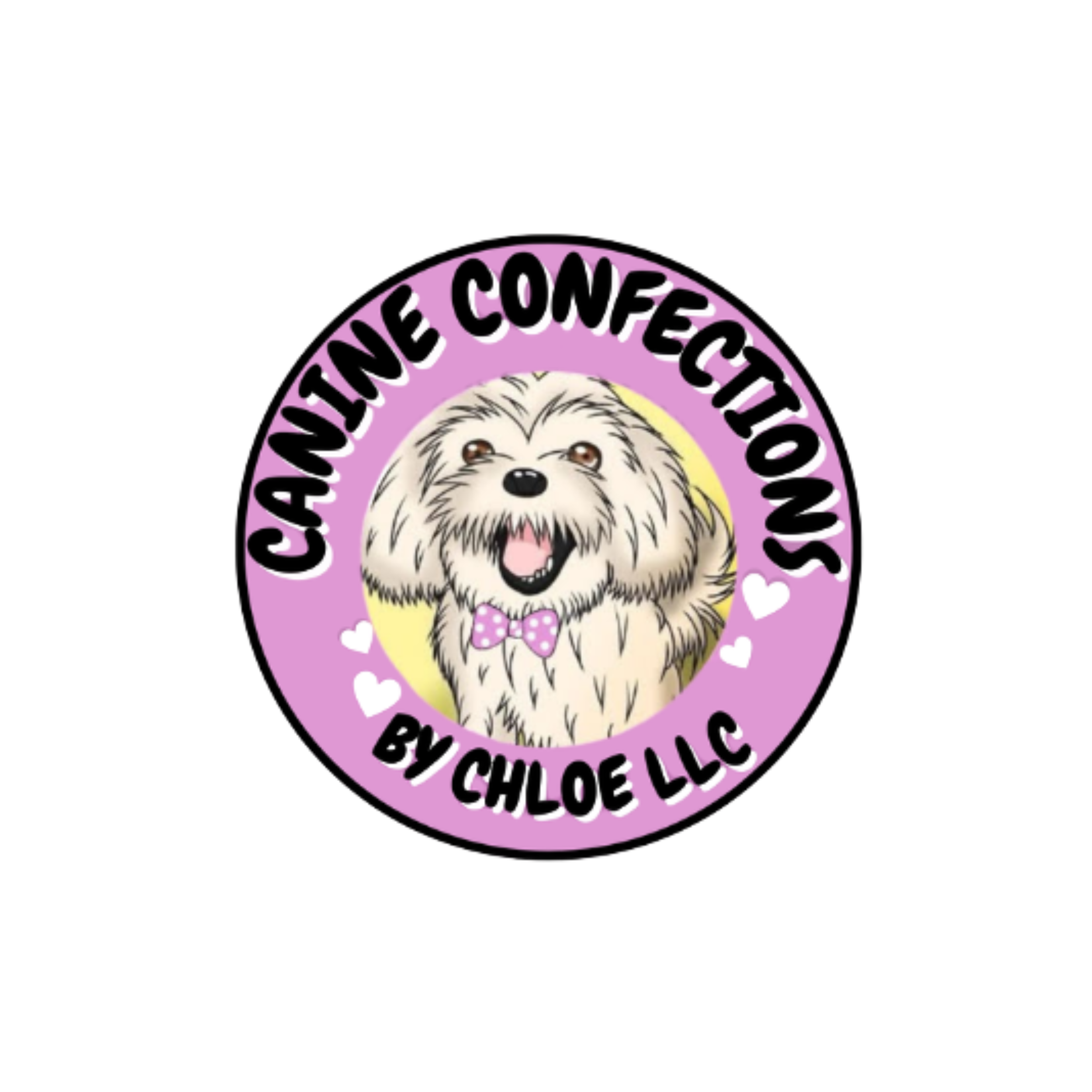 A circular logo with a cute cartoon dog wearing a pink polka-dot bowtie, surrounded by purple text reading 'Cuteness Confession by Chloe Lee' and small white hearts.