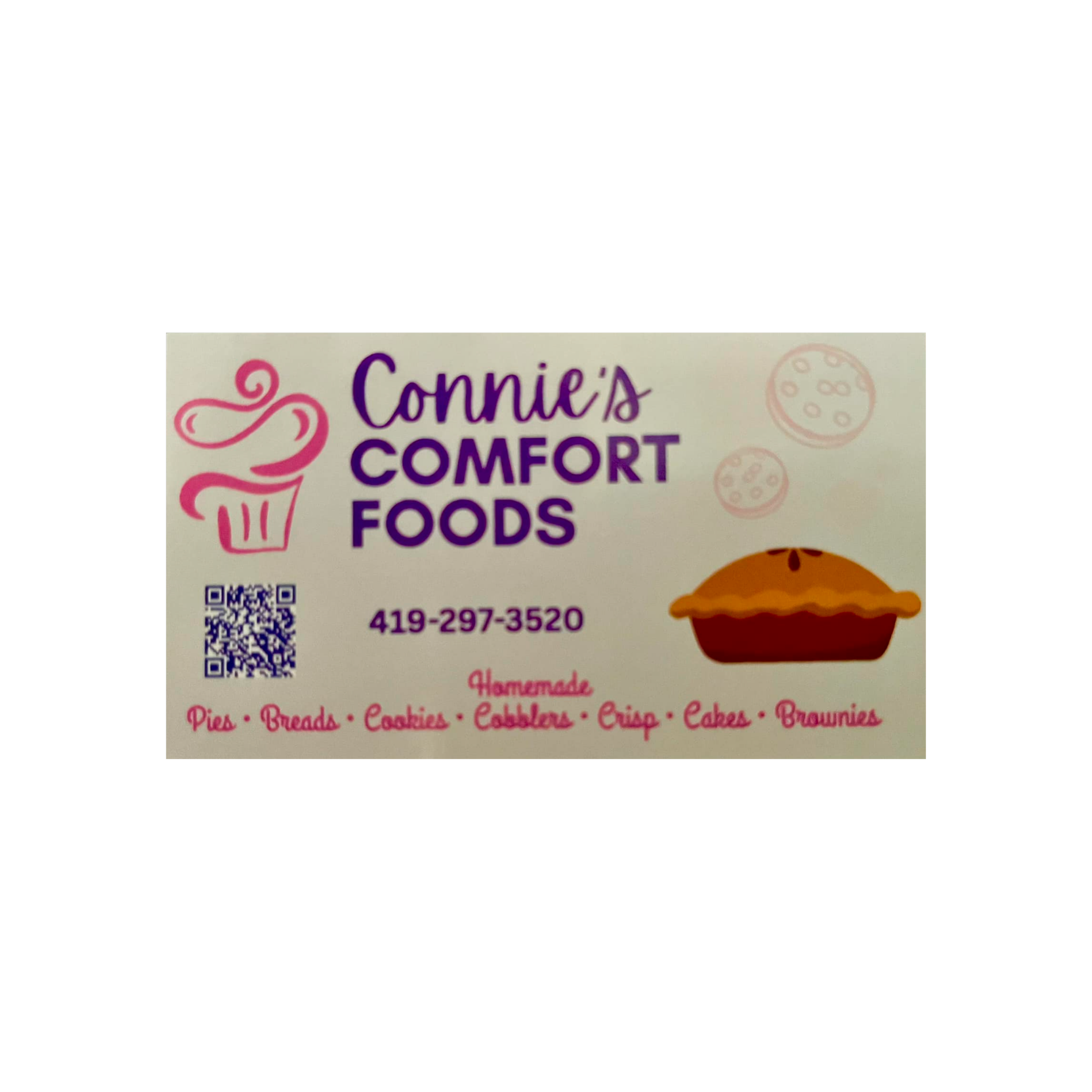 Part of a sign that reads 'Connie's Comfort Foods' with illustrations of cookies and a cupcake, a QR code, a phone number, and a list of baked goods including pies, breads, cookies, cupcakes, cakes, and brownies.