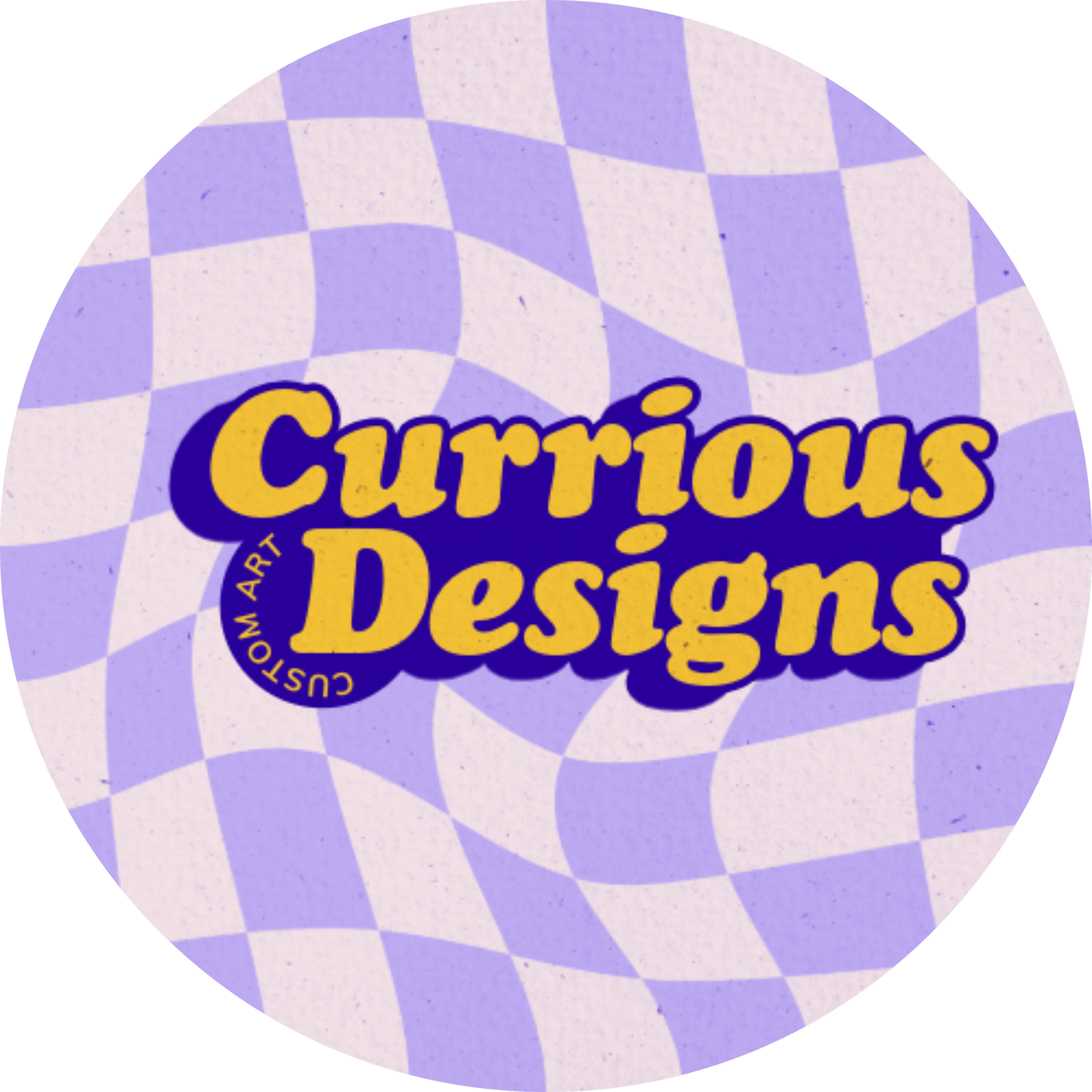 Close-up of a label on a container with purple checkered pattern and yellow text that says 'Cinnamon Desions'