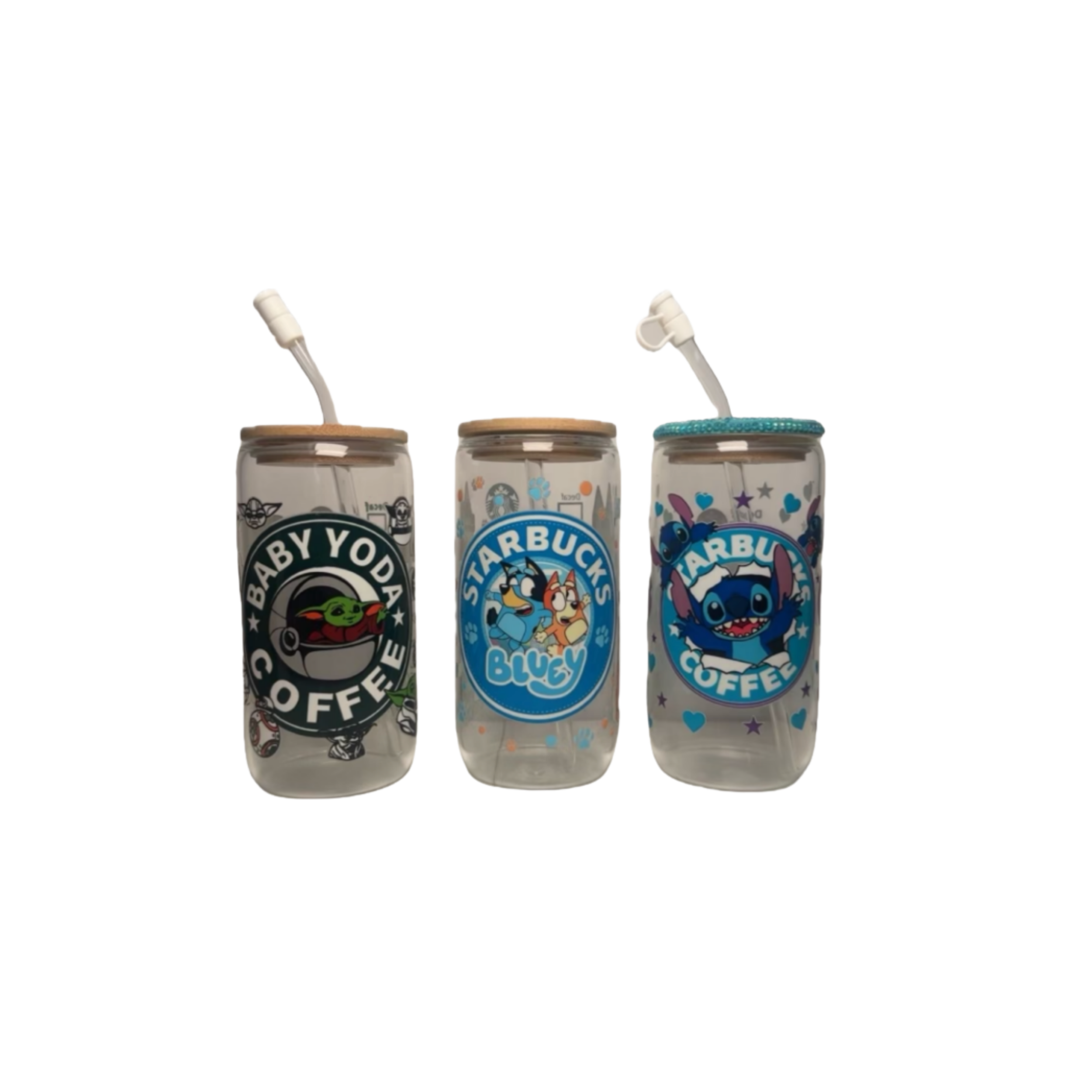 Three baby bottles with cartoon-themed labels and white nipples, set against a black background.