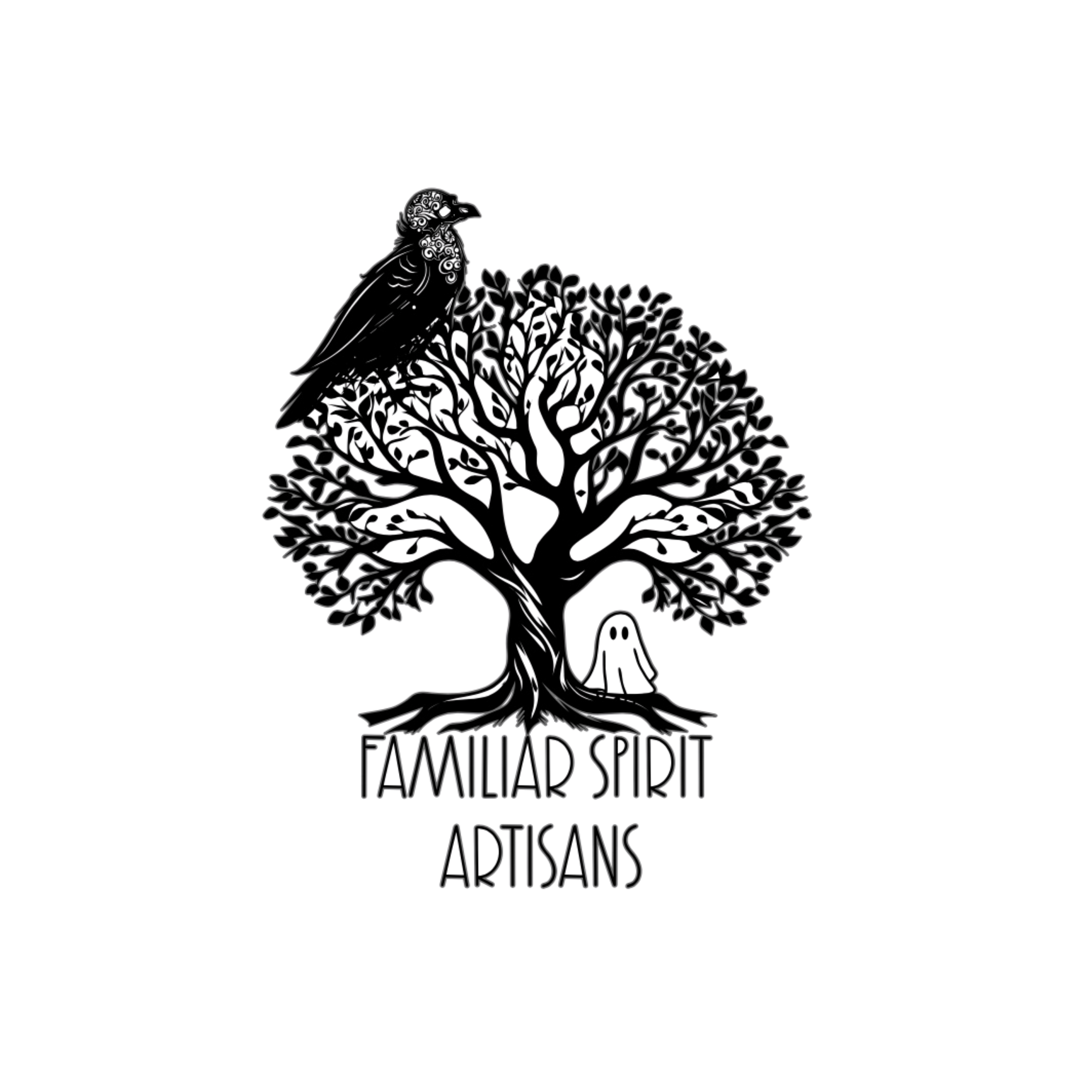 A logo with a black background featuring a detailed illustration of a bird perched on a tree branch. The bird is emitting a red laser beam from its eye. Beneath the illustration, the text reads "FAMILIAR SPIRITS AWAKEN" in stylized letters.