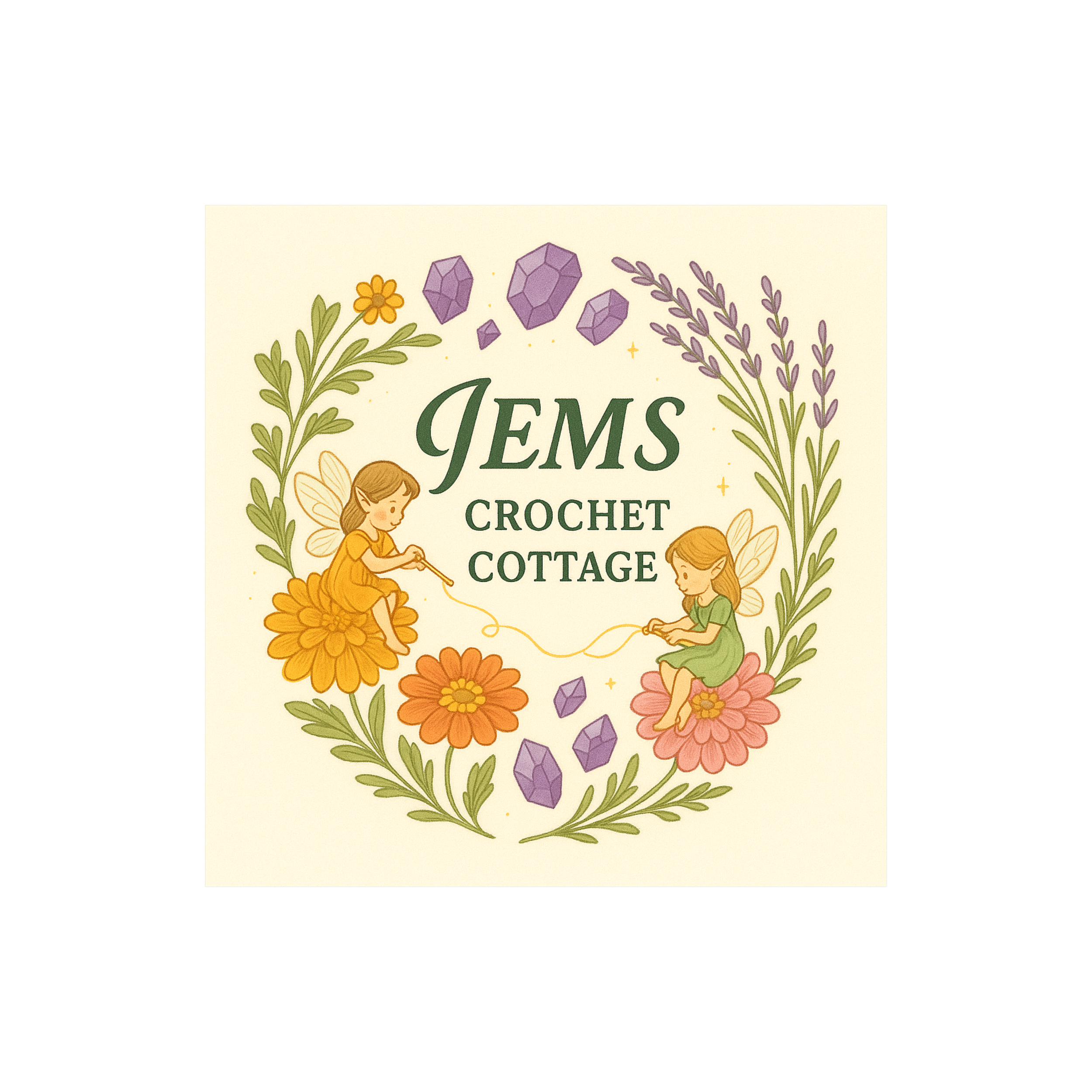 Illustrated floral design with fairies and purple gems surrounding the word 'JEMS' in green text.