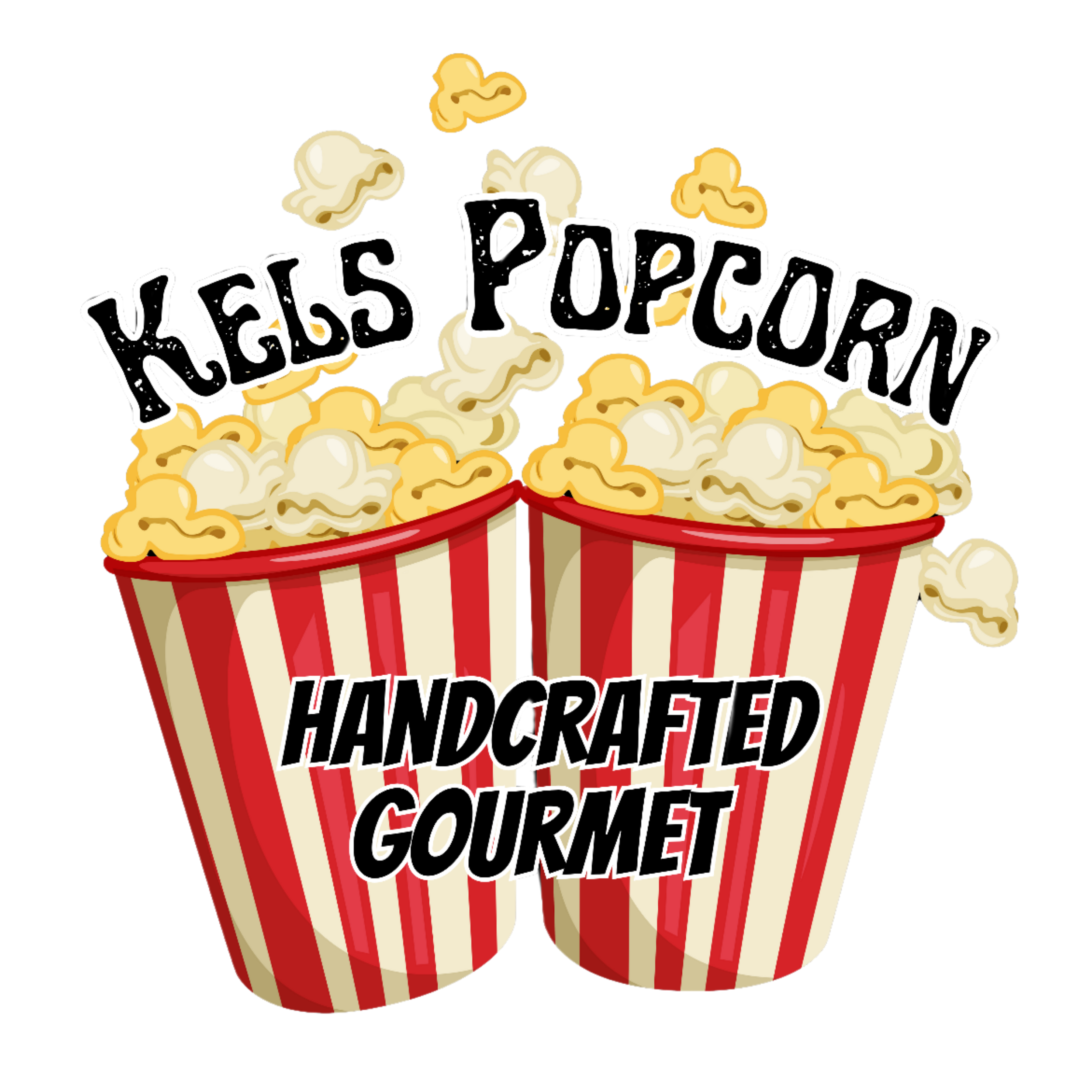 Two red and white striped popcorn containers filled with popcorn, with the words 'Fresh Popcorn Handcrafted Gourmet' written on the front.