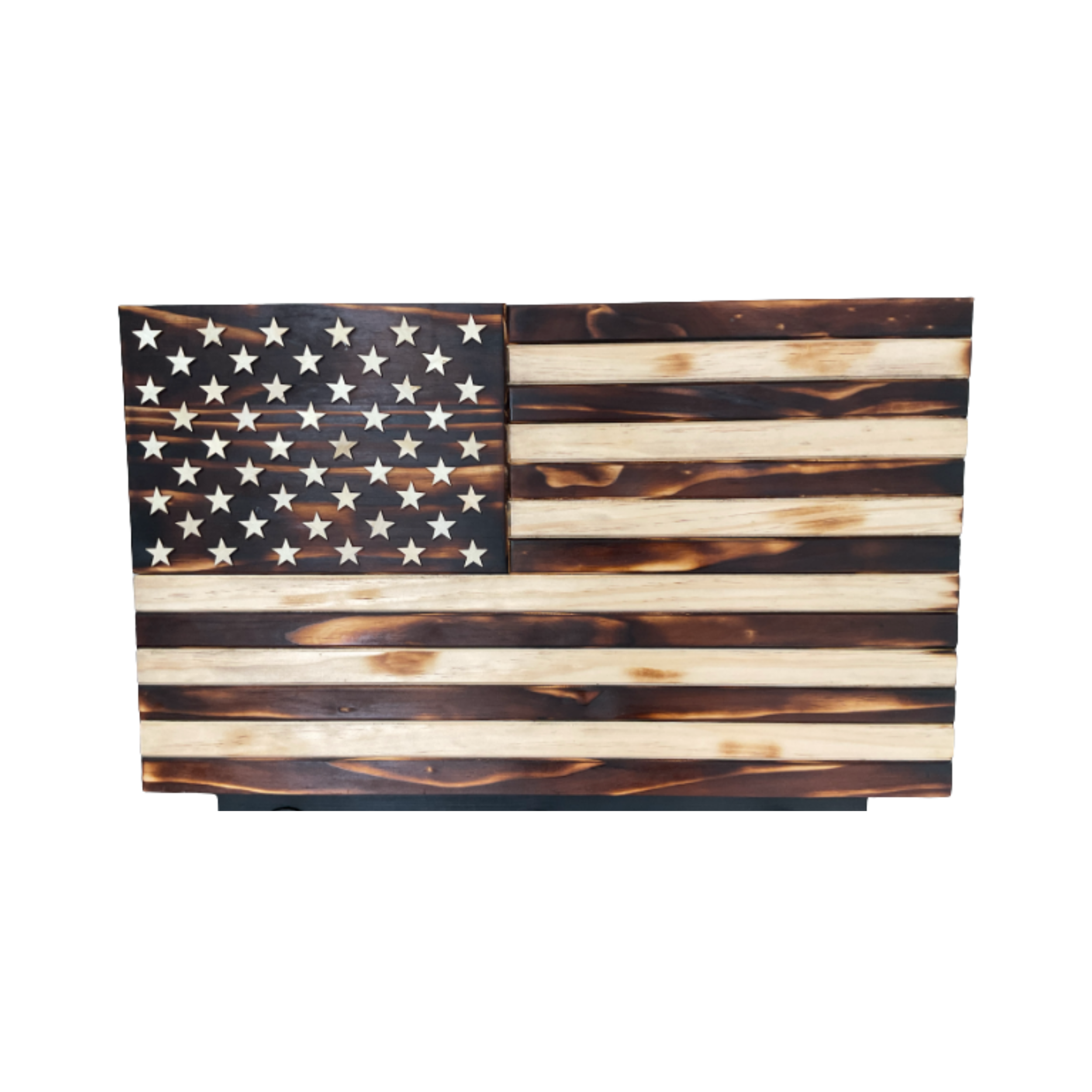 American flag made of wood with stars on a blue field and stripes in natural wood colors.
