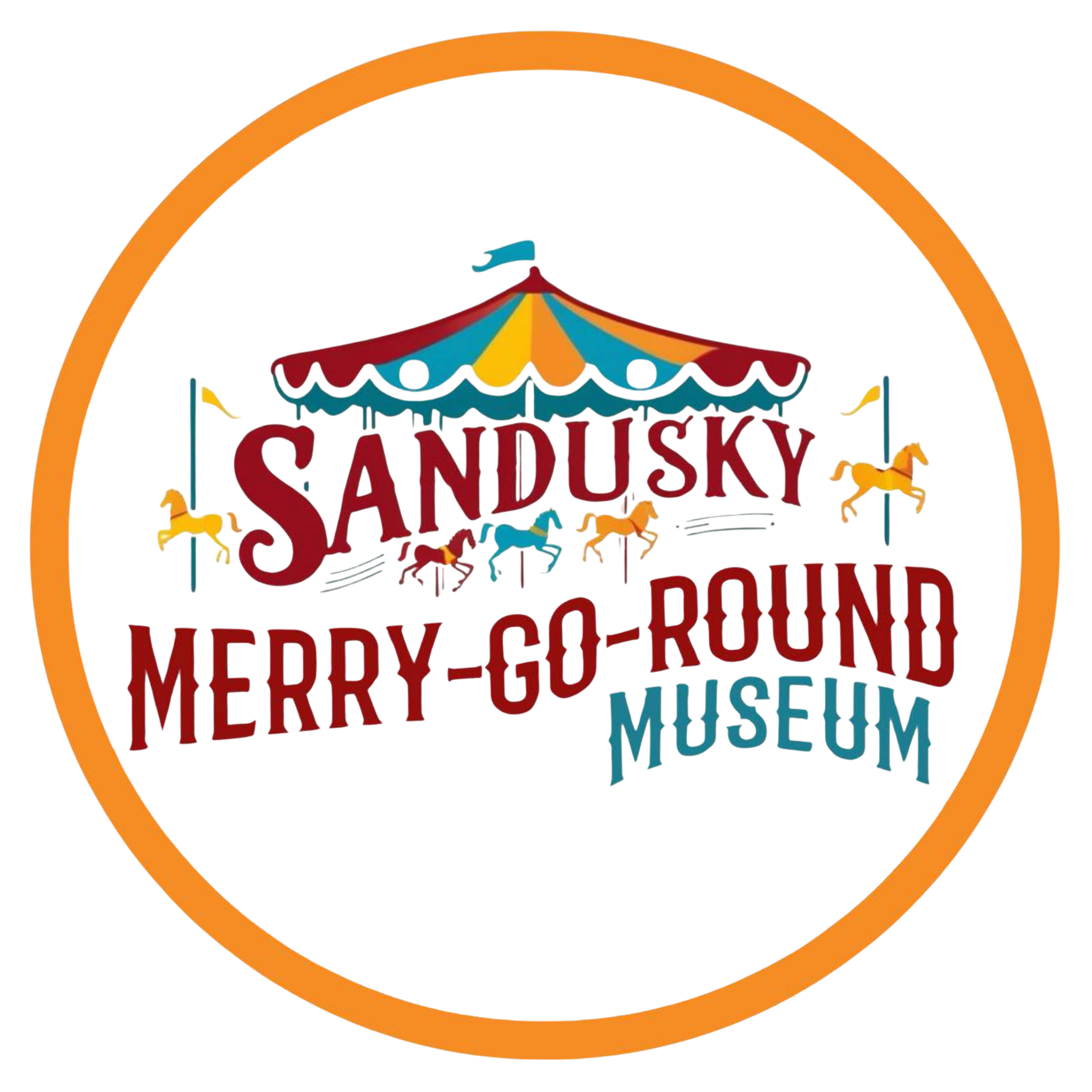 Colorful amusement park sign with the word 'Sandusky' beneath a striped circus tent, surrounded by bouncing dogs.