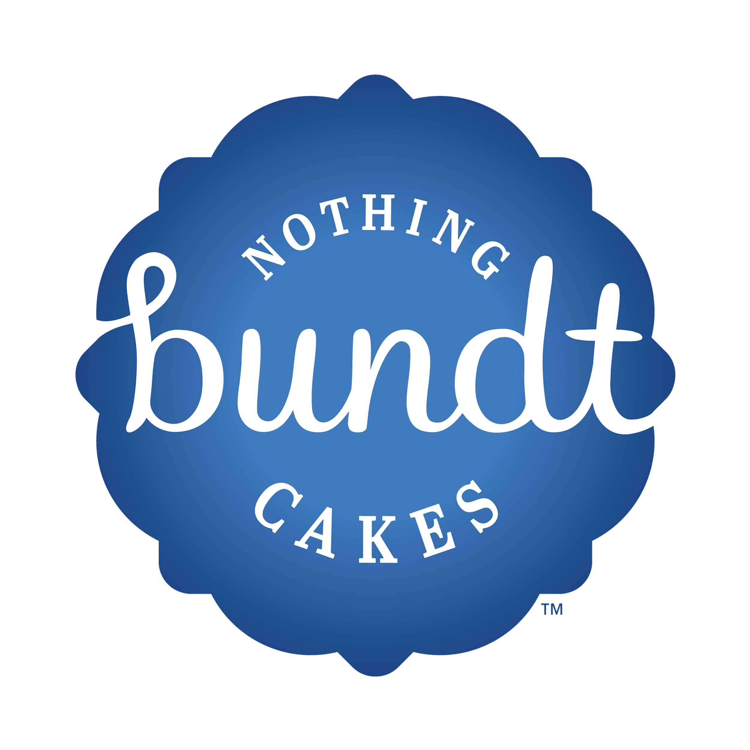 Blue emblem with white text reading 'Nothing Bakes Like a Cake' arranged in a circular pattern, with a stylized cake graphic underneath.
