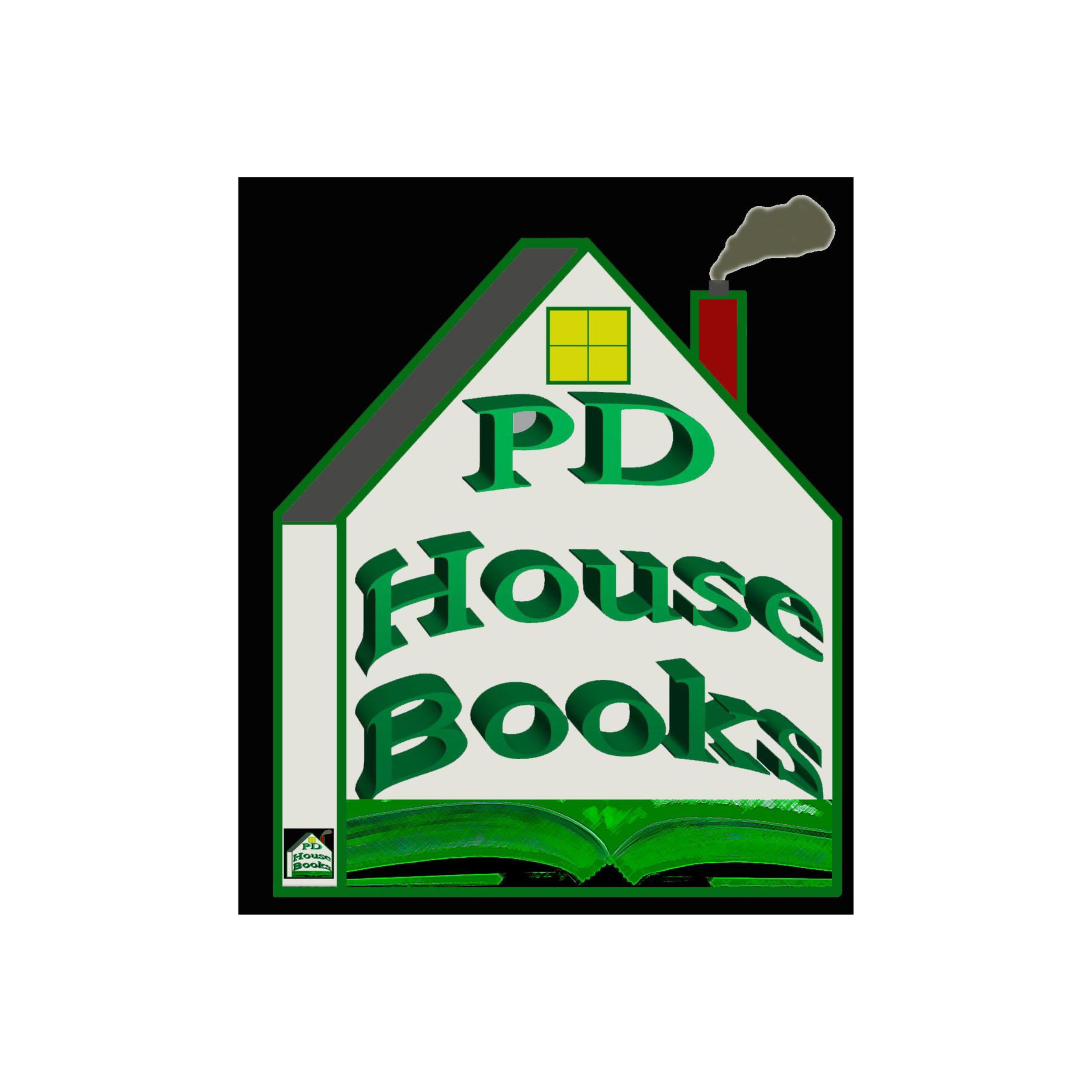 The image shows a house with a chimney emitting smoke and the words 'PD House Books' written on it, in green and white colors.